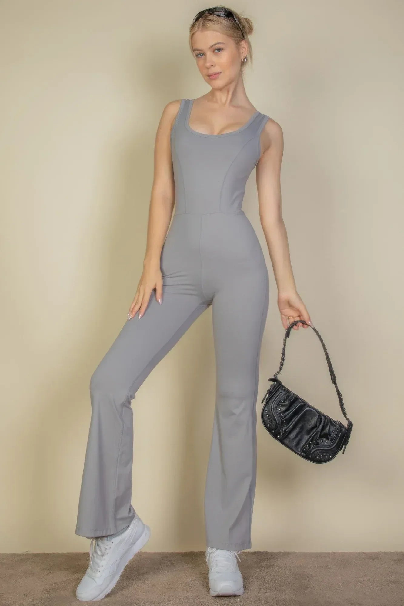 Solid Flare Leg Sports Jumpsuit | Mixtshop LLC