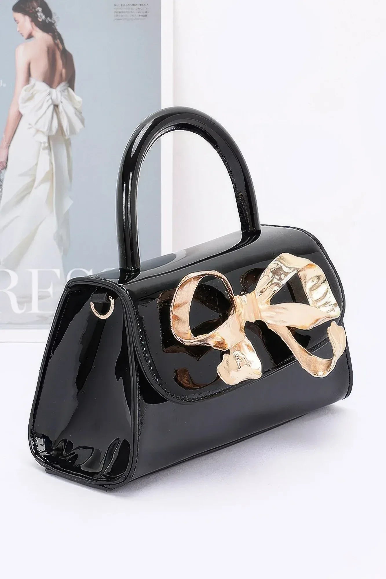 Faux Leather Metal Ribbon Top Handle Bag Secondary image