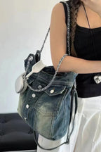 Washed Denim Double Pockets Tote Bag | Mixtshop LLC
