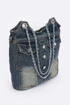 Washed Denim Double Pockets Tote Bag | Mixtshop LLC