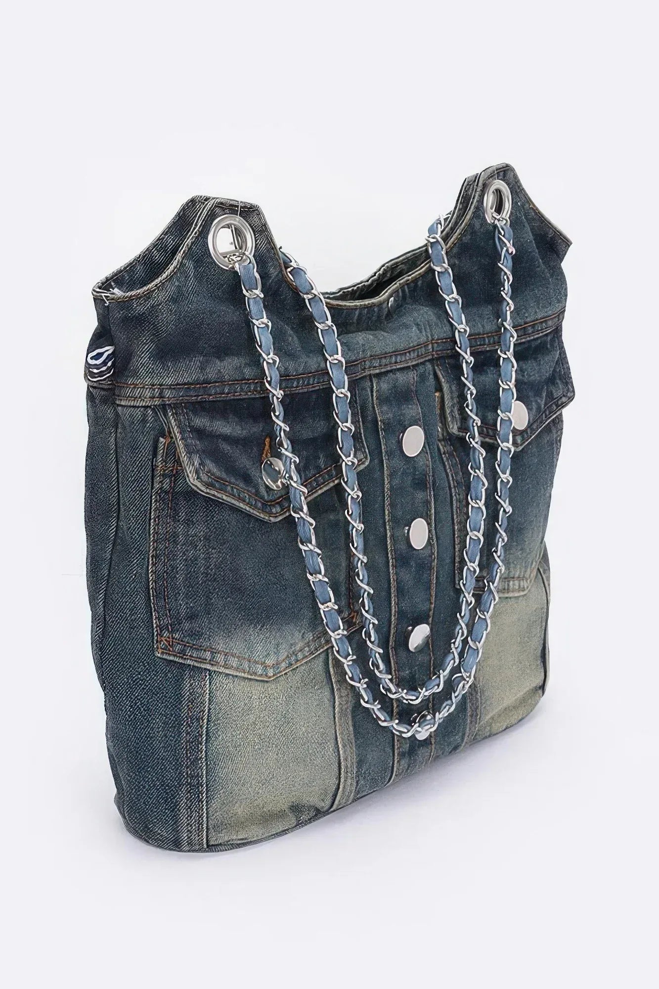 Washed Denim Double Pockets Tote Bag | Mixtshop LLC