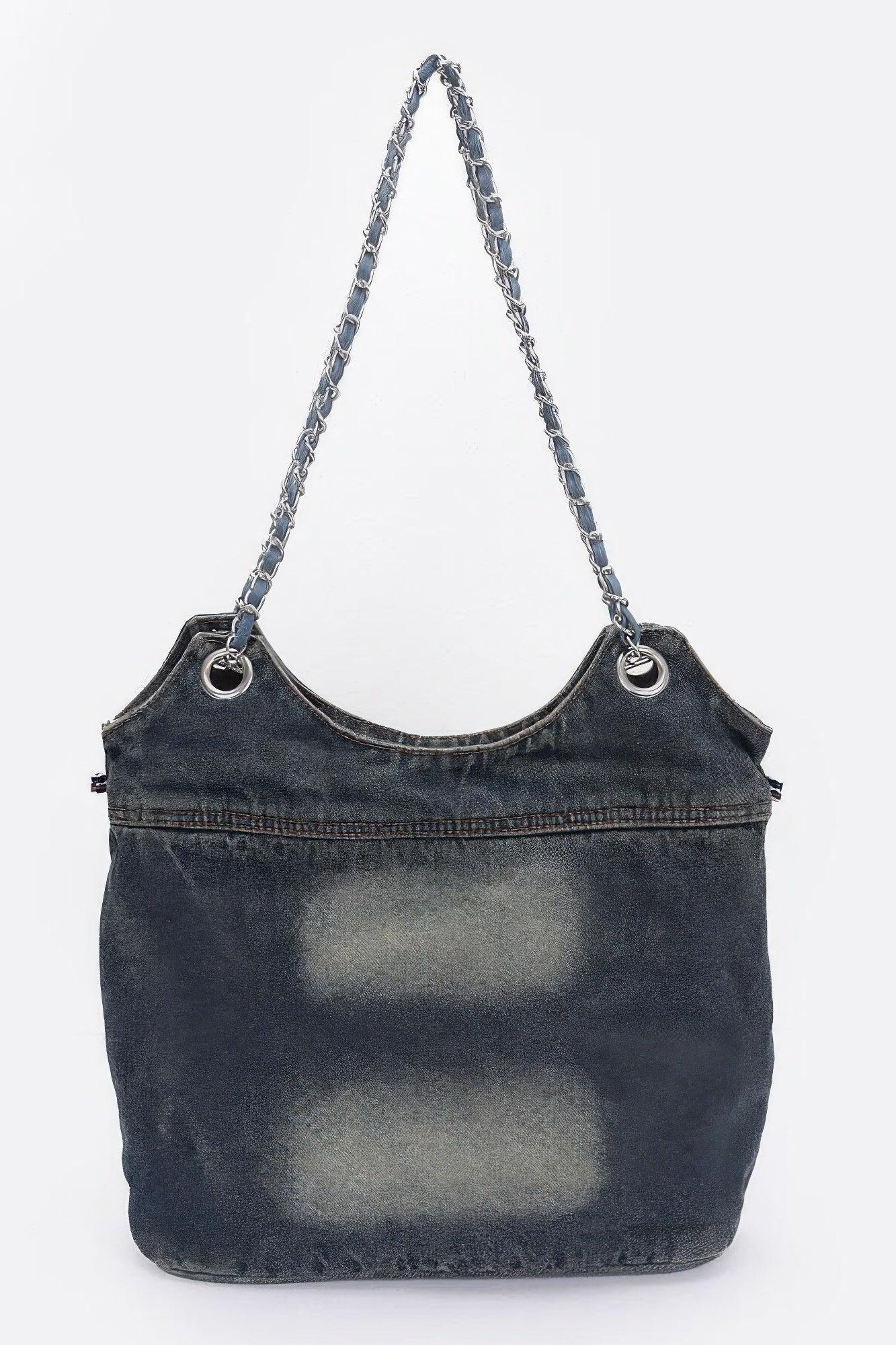 Washed Denim Double Pockets Tote Bag | Mixtshop LLC