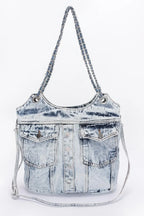 Washed Denim Double Pockets Tote Bag | Mixtshop LLC
