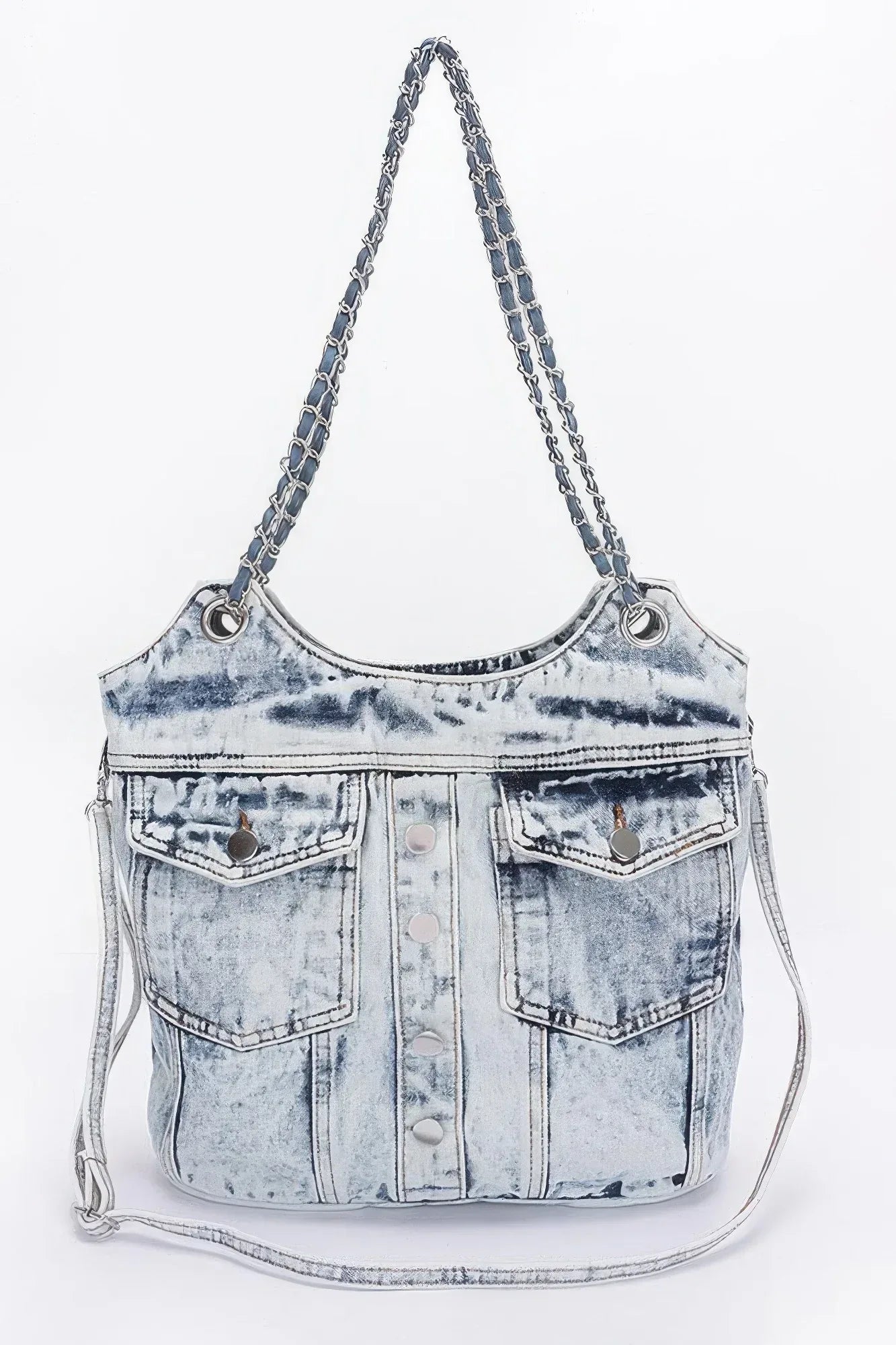 Washed Denim Double Pockets Tote Bag | Mixtshop LLC