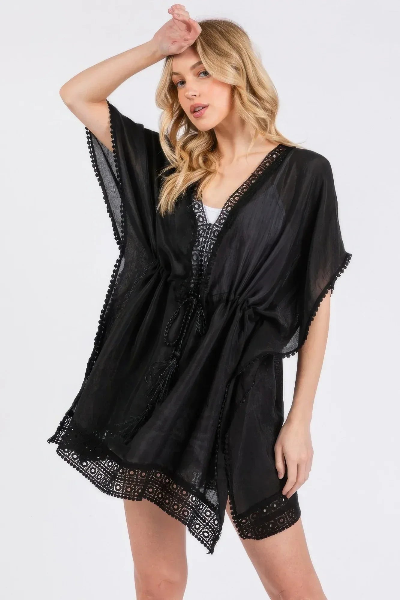 Crochet Trim And Front Drawstring Poncho | Mixtshop LLC