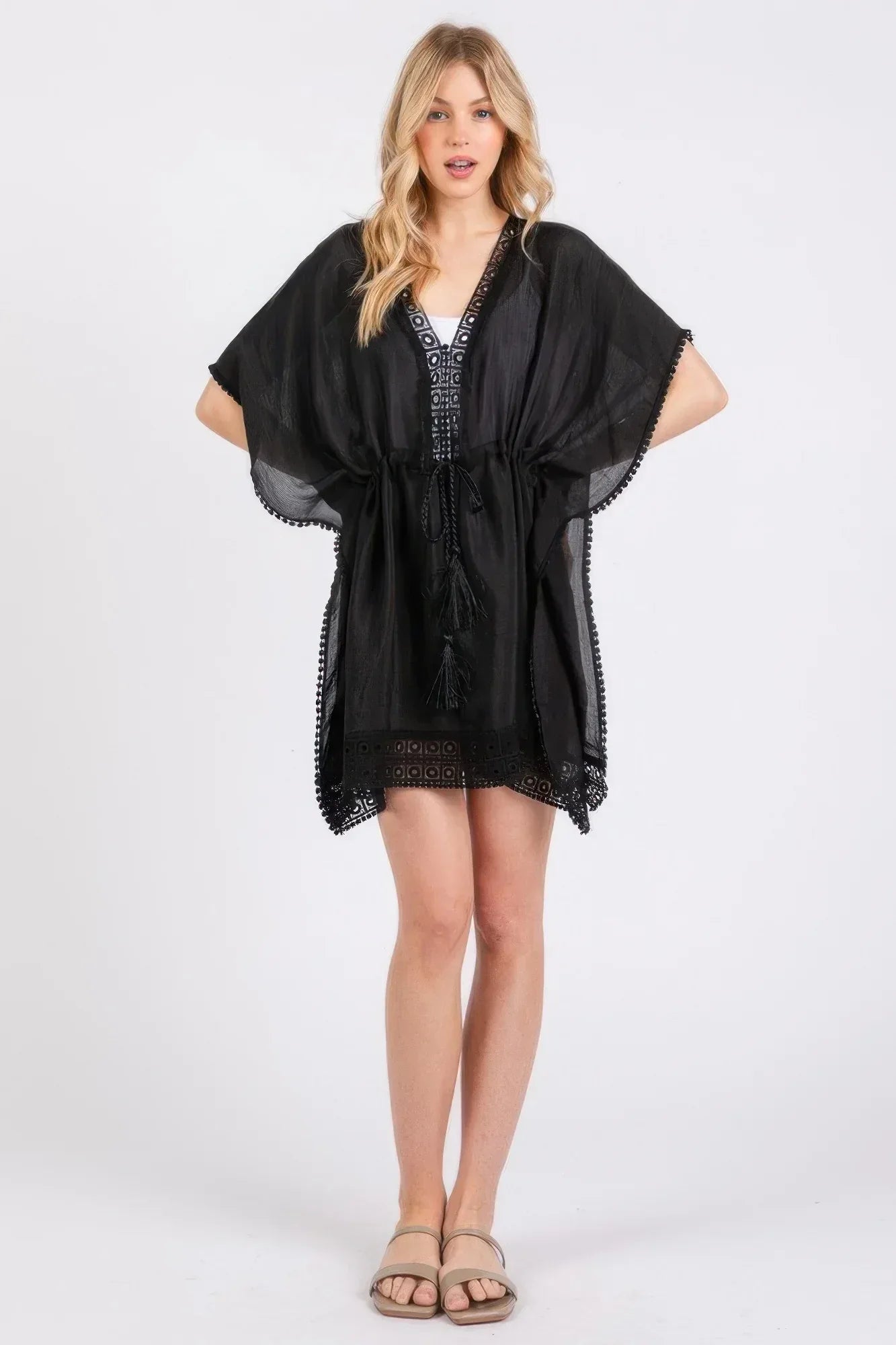 Crochet Trim And Front Drawstring Poncho | Mixtshop LLC