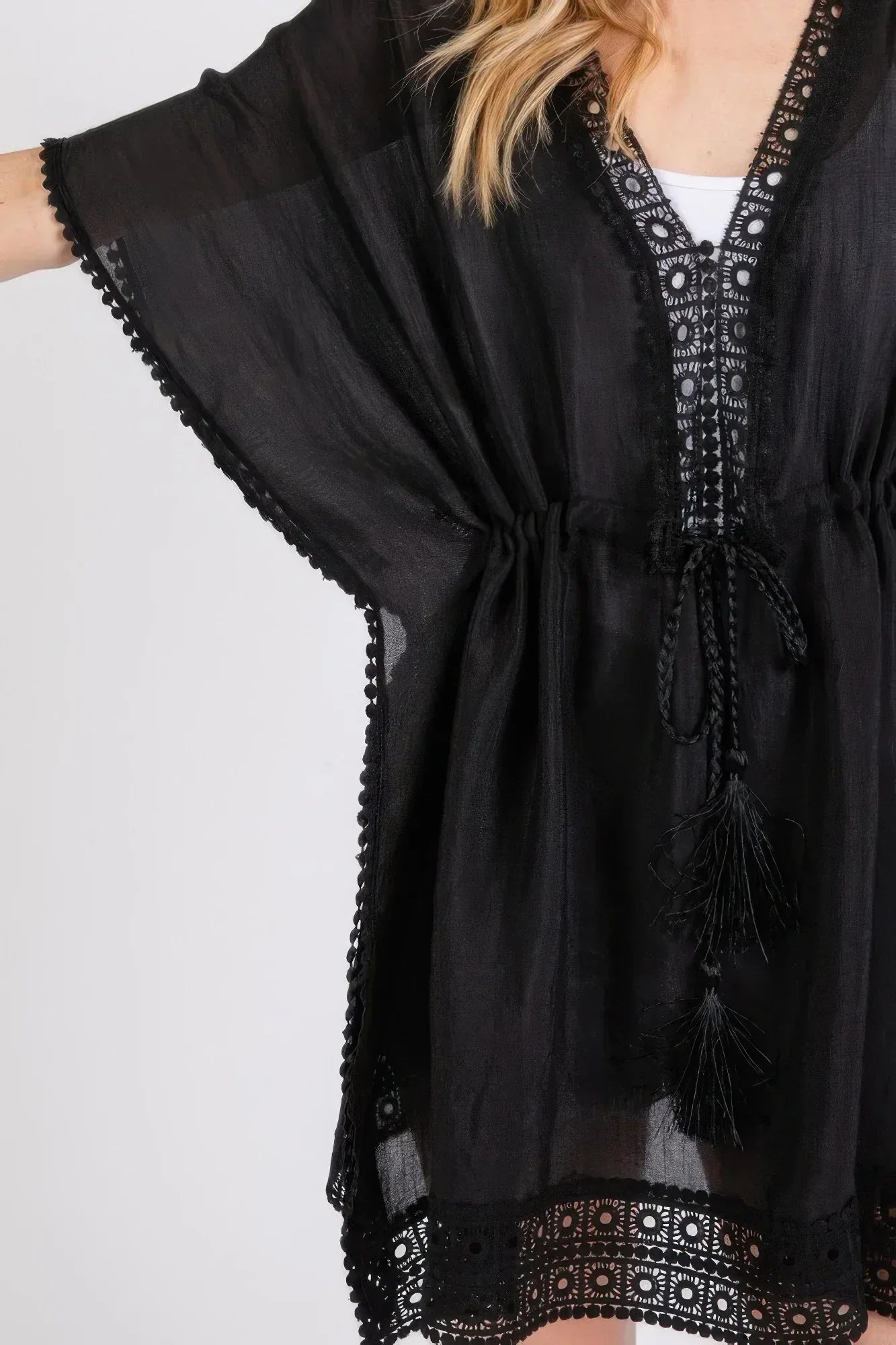 Crochet Trim And Front Drawstring Poncho | Mixtshop LLC
