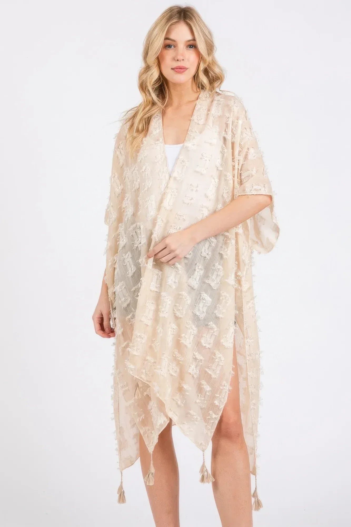 Distressed Pattern Tassel Kimono | Mixtshop LLC Main image