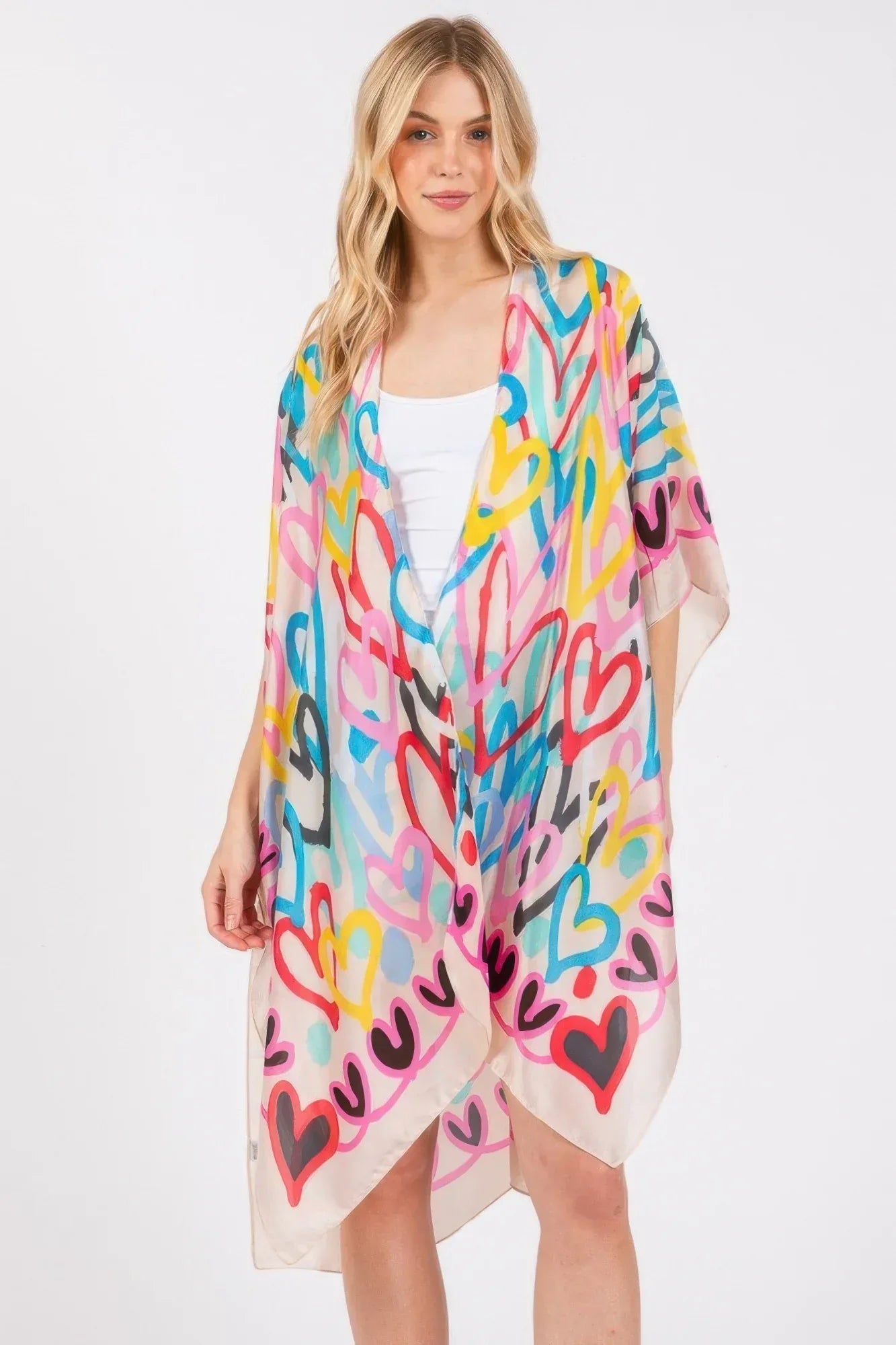 Multi Colored Heart Print Silky Feel Kimono | Mixtshop LLC Main image