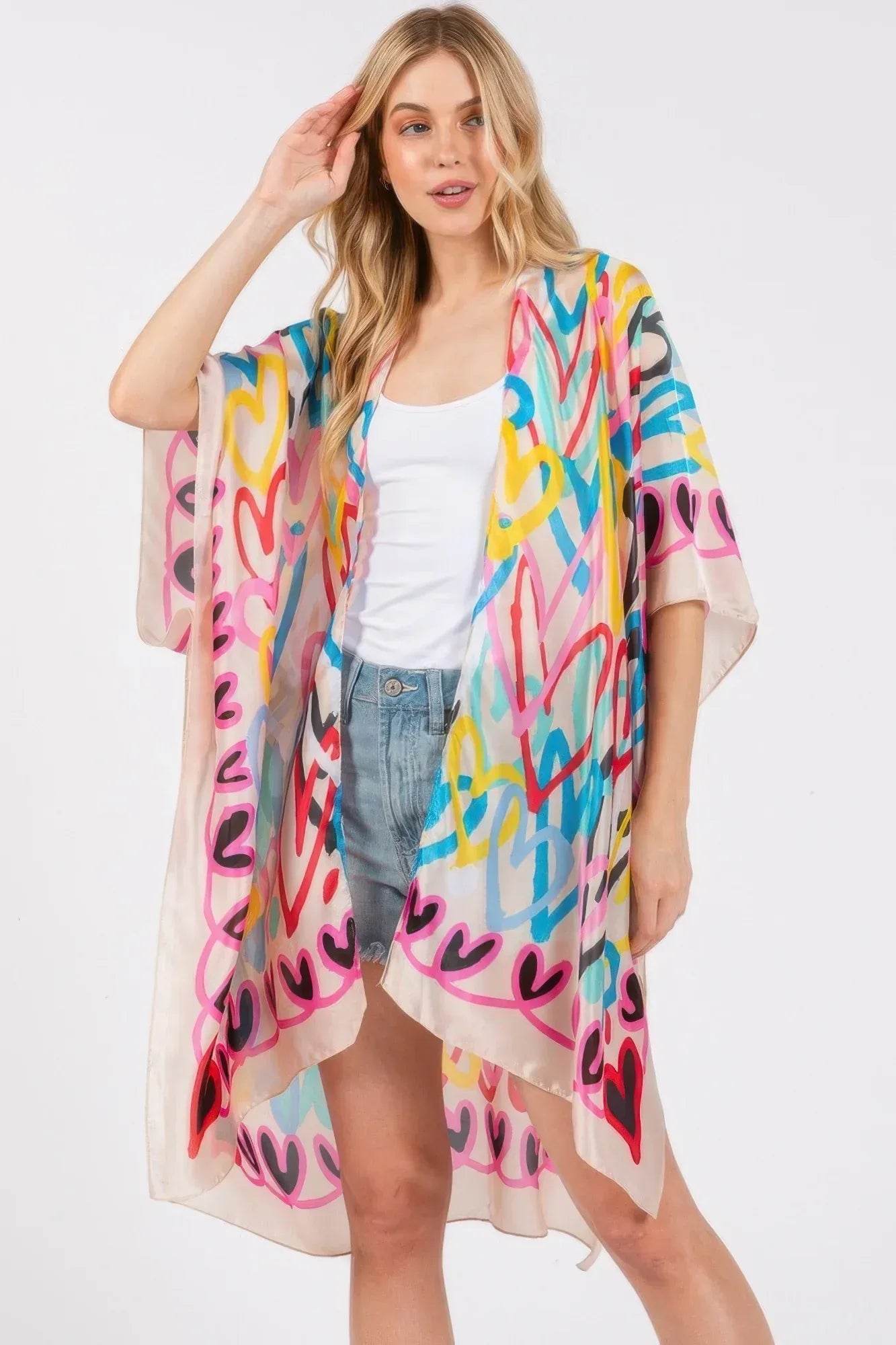 Multi Colored Heart Print Silky Feel Kimono Secondary image