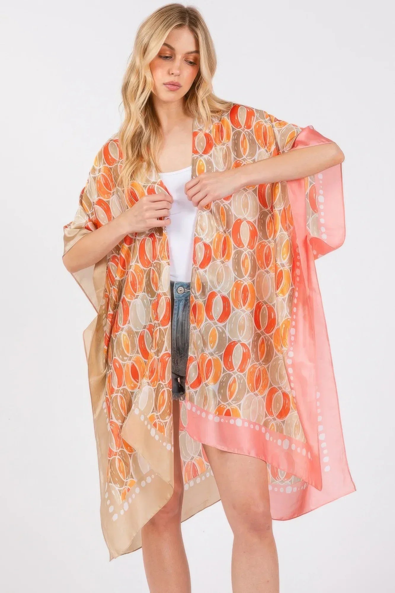 Two Tones Trim Abstract Print Silky Feel Kimono | Mixtshop LLC Main image