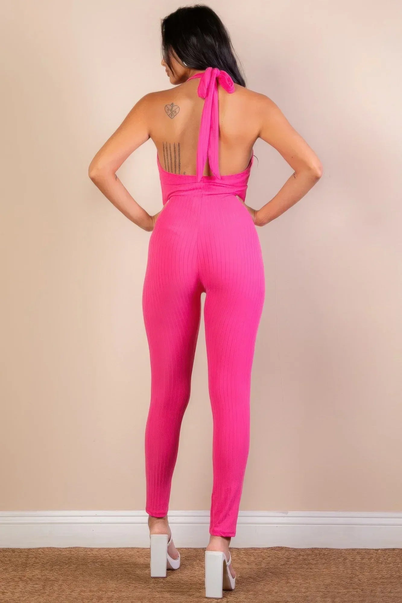 Halter V Neck Ribbed Bodycon Jumpsuit | Mixtshop LLC