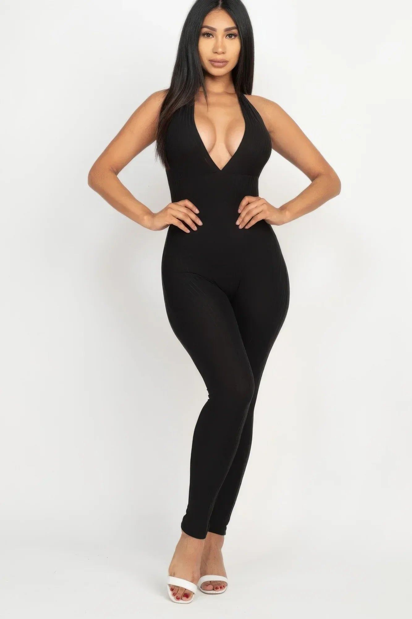Halter V Neck Ribbed Bodycon Jumpsuit | Mixtshop LLC