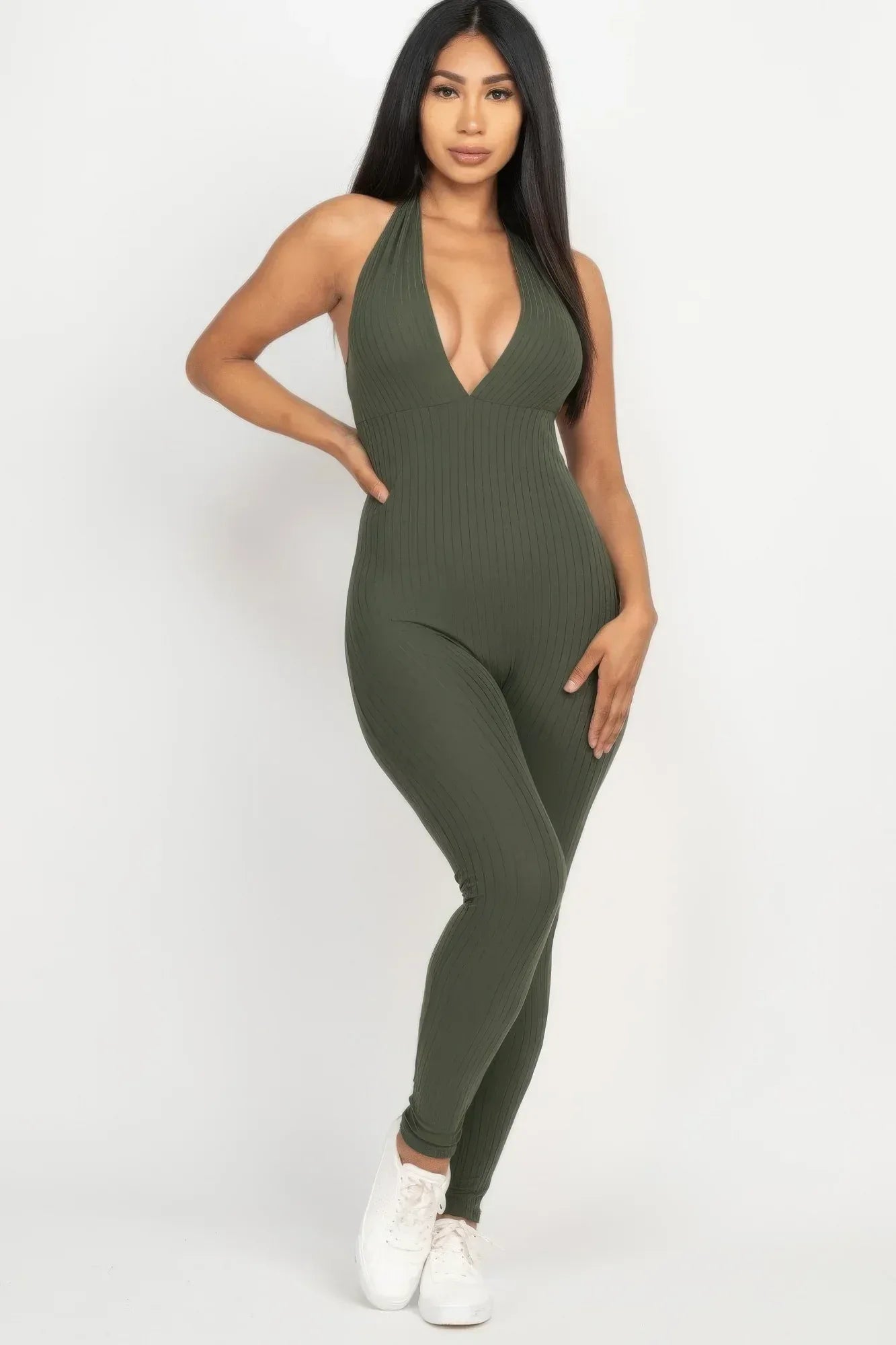 Halter V Neck Ribbed Bodycon Jumpsuit | Mixtshop LLC