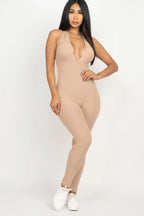 Halter V Neck Ribbed Bodycon Jumpsuit | Mixtshop LLC