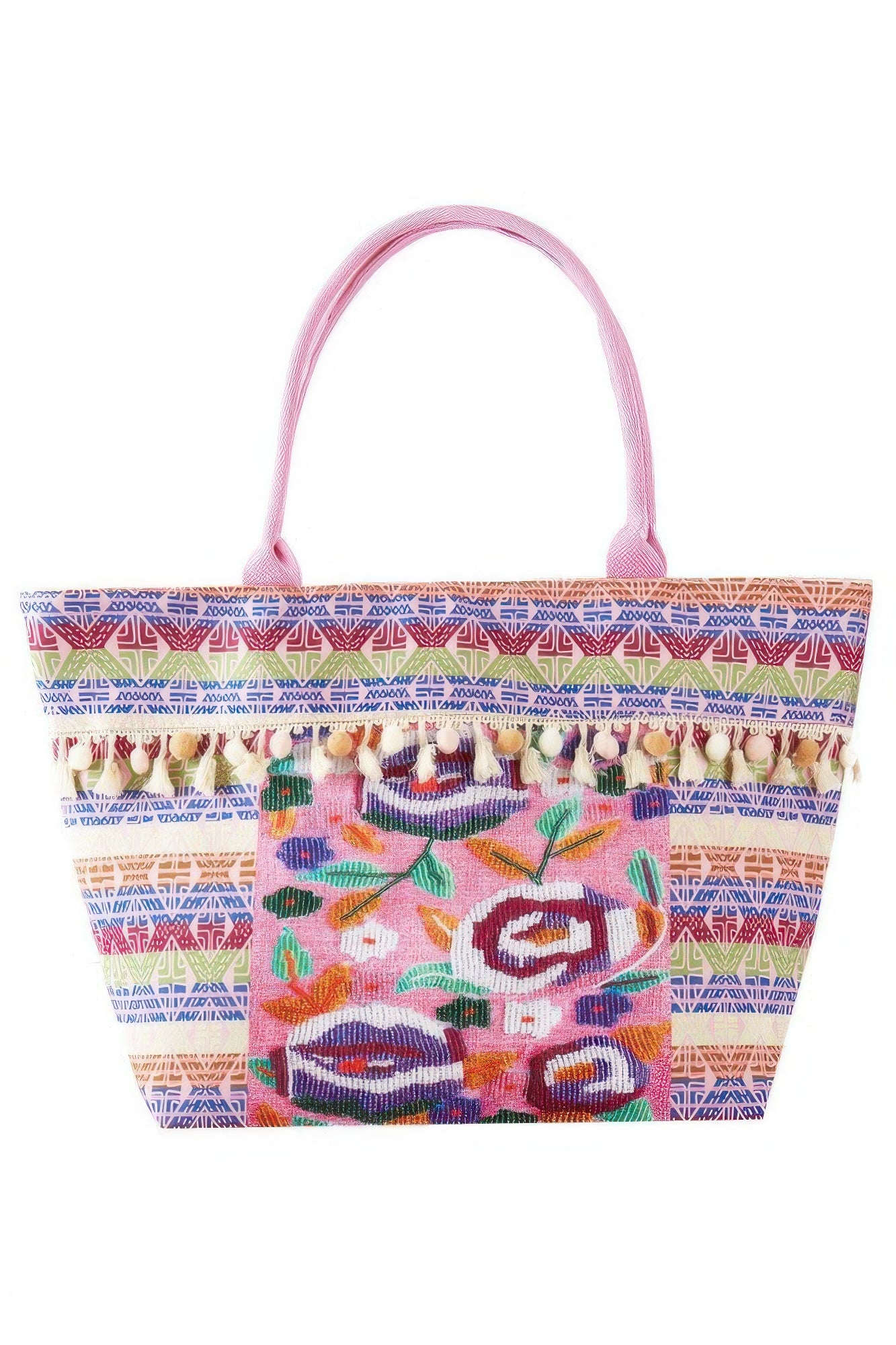 Boho Print Pom Pom Fringe Tote Bag | Mixtshop LLC