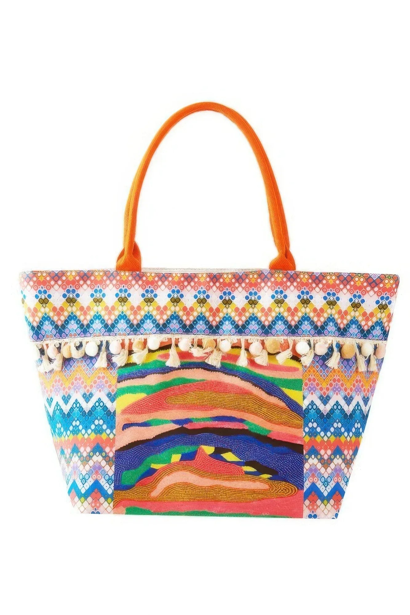 Boho Print Pom Pom Fringe Tote Bag | Mixtshop LLC Main image