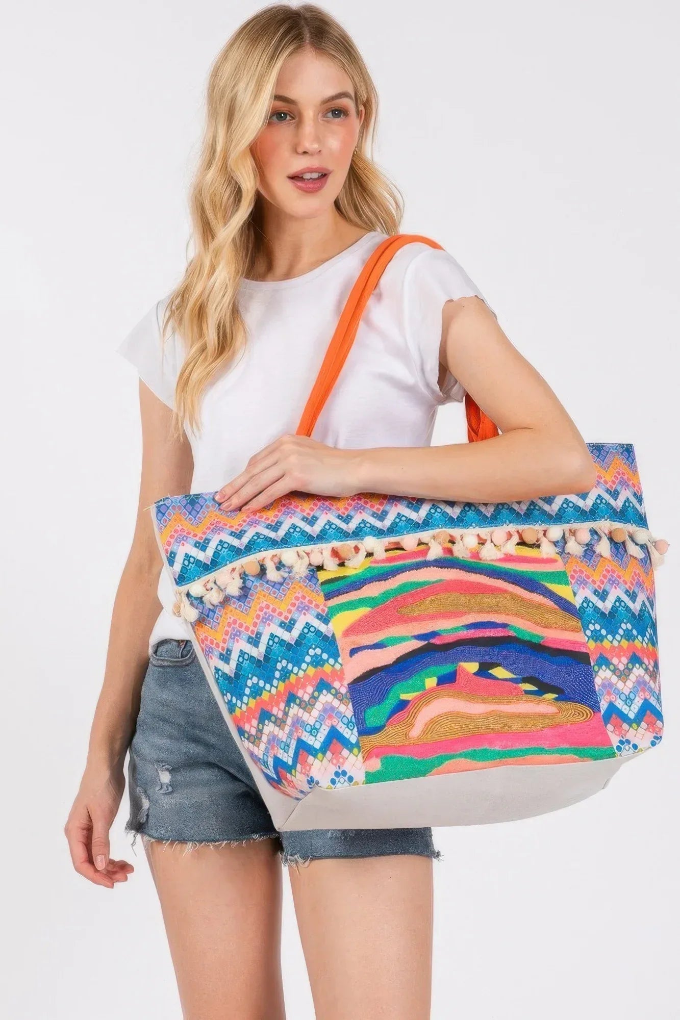 Boho Print Pom Pom Fringe Tote Bag Secondary image