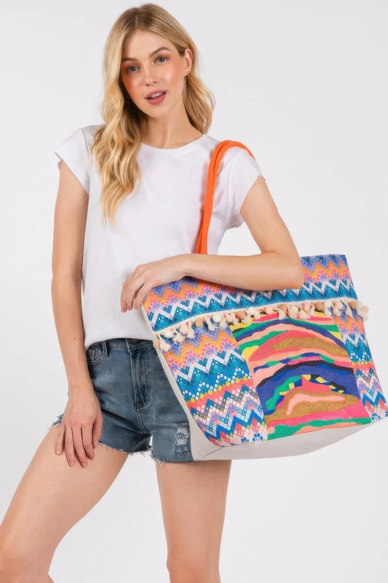 Boho Print Pom Pom Fringe Tote Bag | Mixtshop LLC