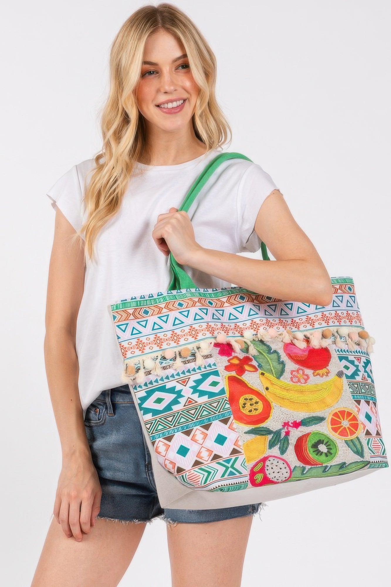 Fruit Boho Print Pom Pom Fringe Tote Bag | Mixtshop LLC