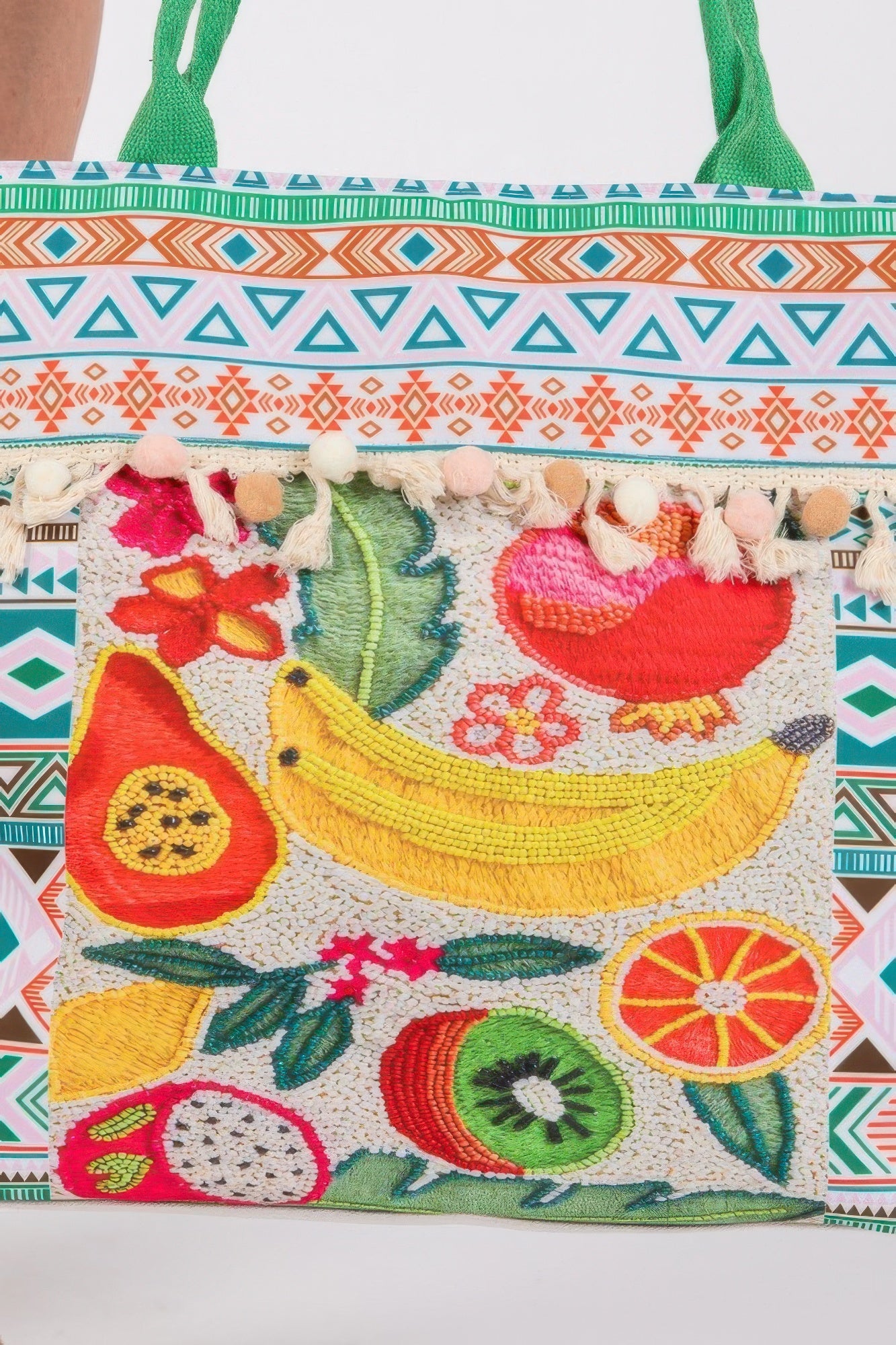 Fruit Boho Print Pom Pom Fringe Tote Bag | Mixtshop LLC