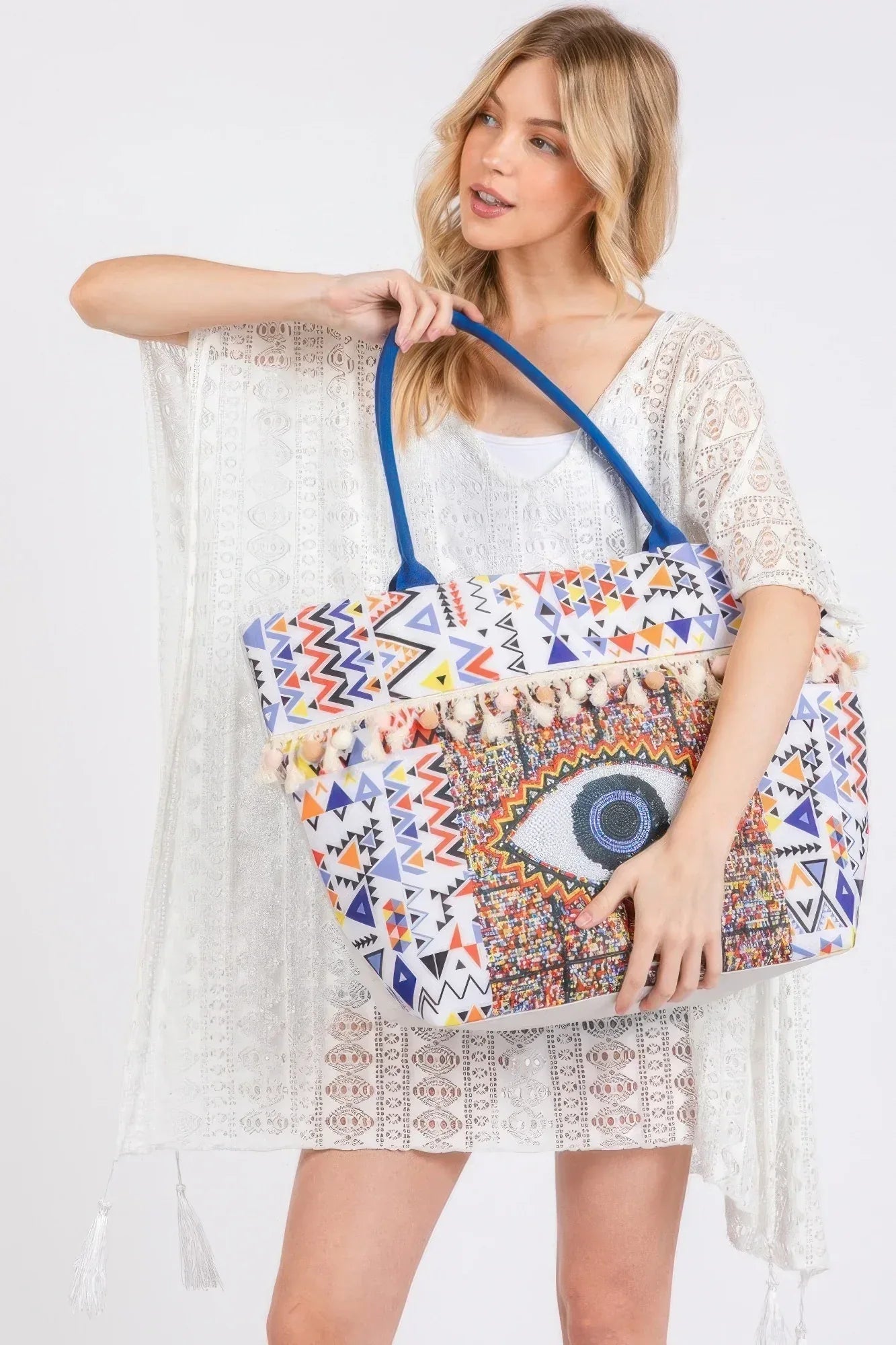 Evil Eye Boho Print Pom Pom Fringe Tote Bag Secondary image