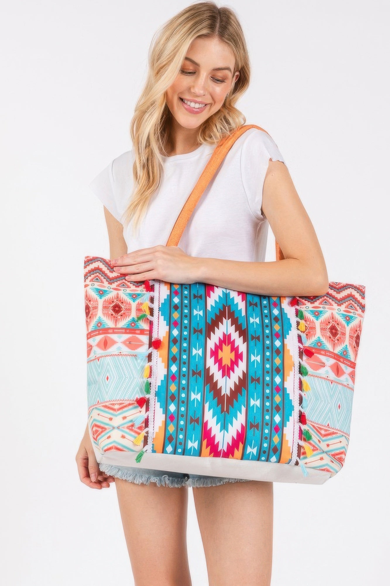 Boho Style Aztec Pattern Tassel Summer Tote Bag | Mixtshop LLC