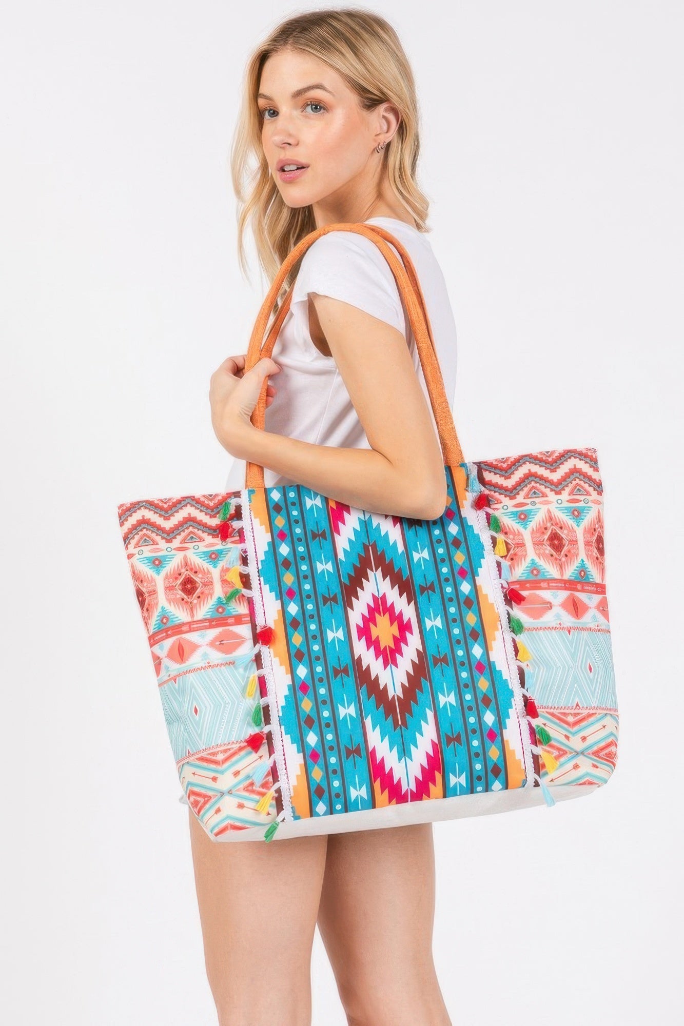 Boho Style Aztec Pattern Tassel Summer Tote Bag | Mixtshop LLC