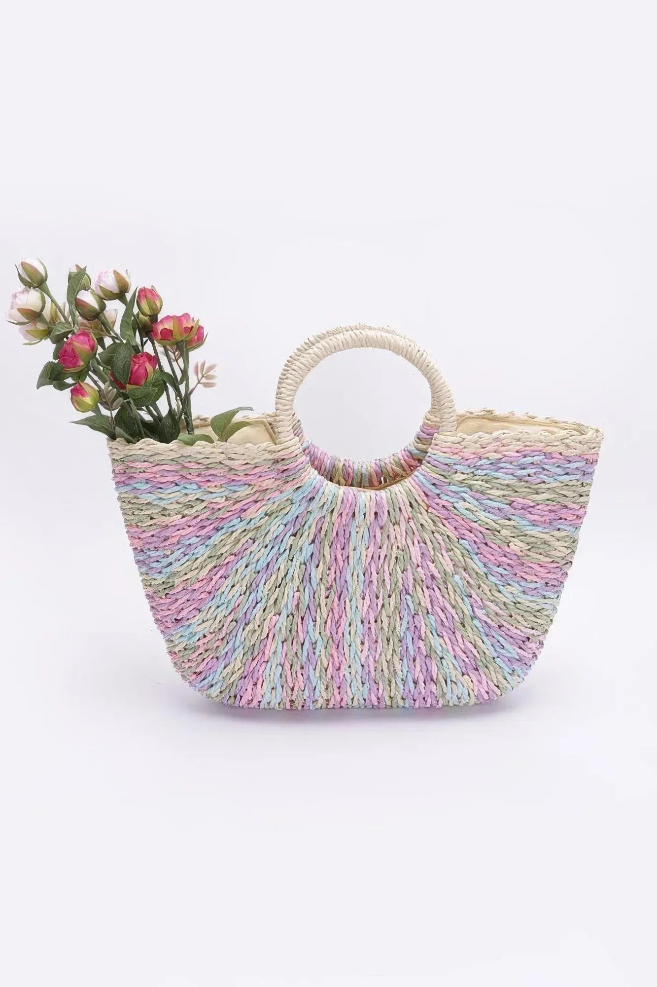 Faux Straw Multi Color Round Handle Tote Bag | Mixtshop LLC Main image