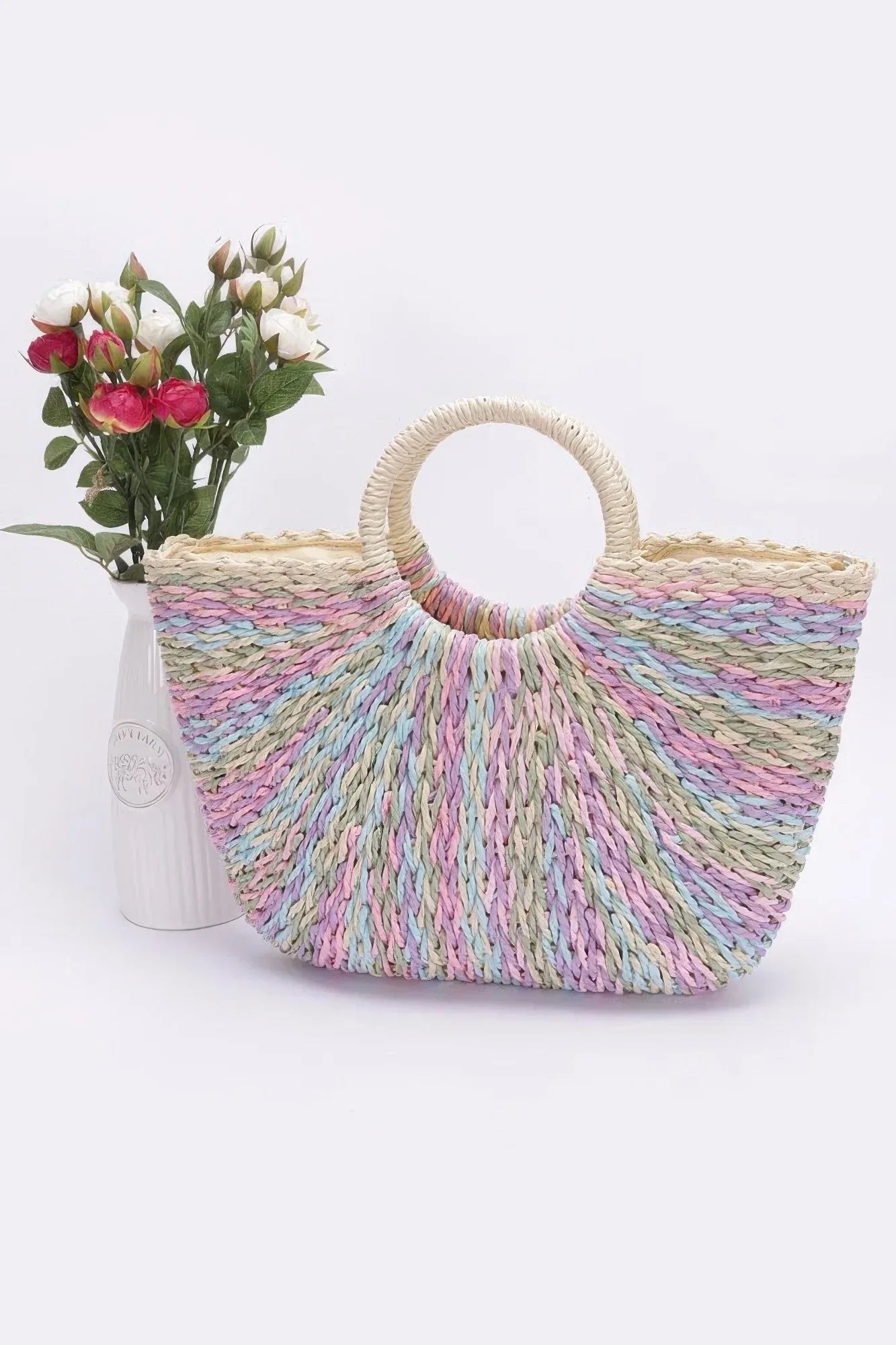 Faux Straw Multi Color Round Handle Tote Bag Secondary image