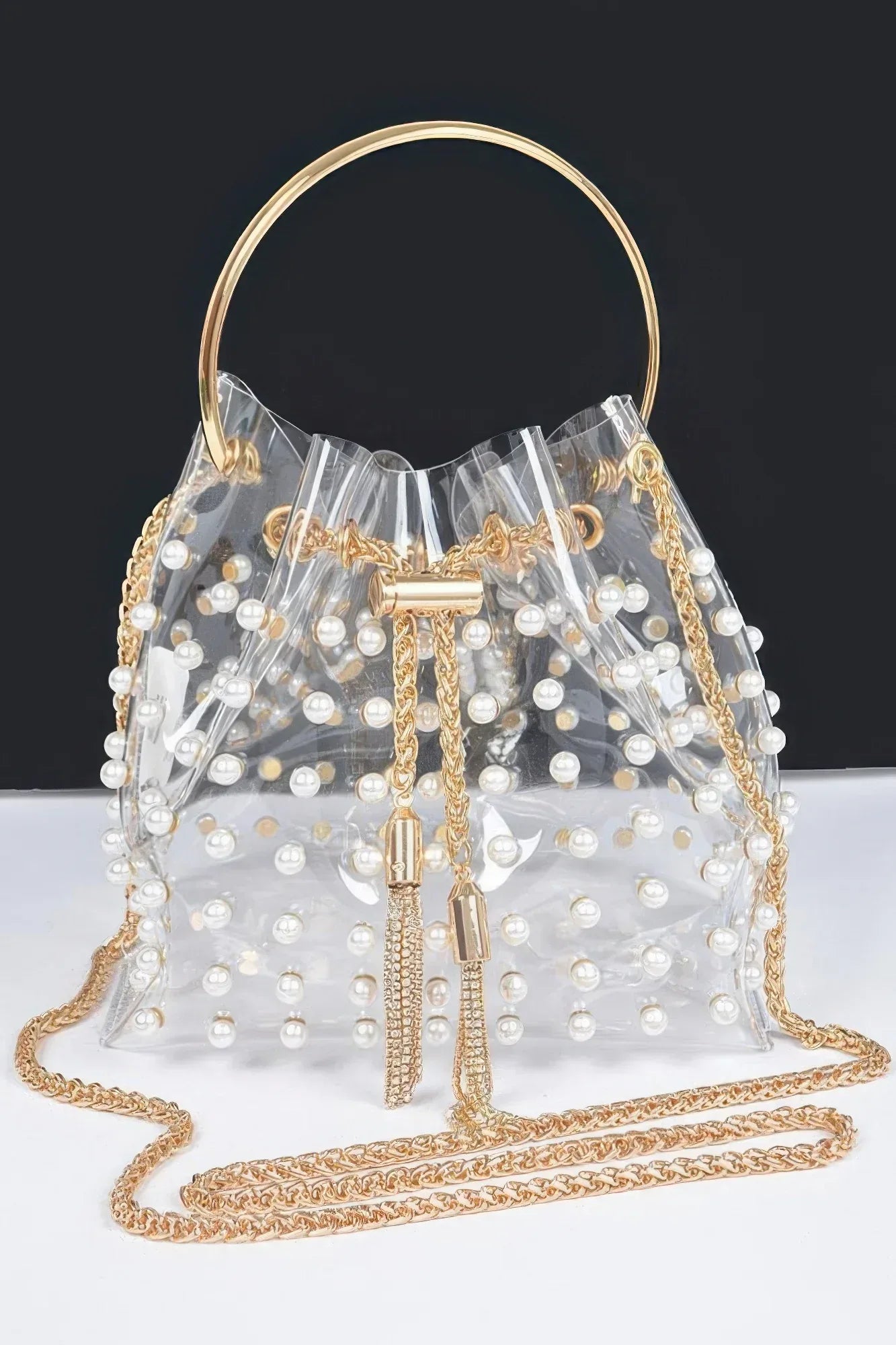 Clear Pearl Stud Bucket Bag W/chain Tassle | Mixtshop LLC Main image