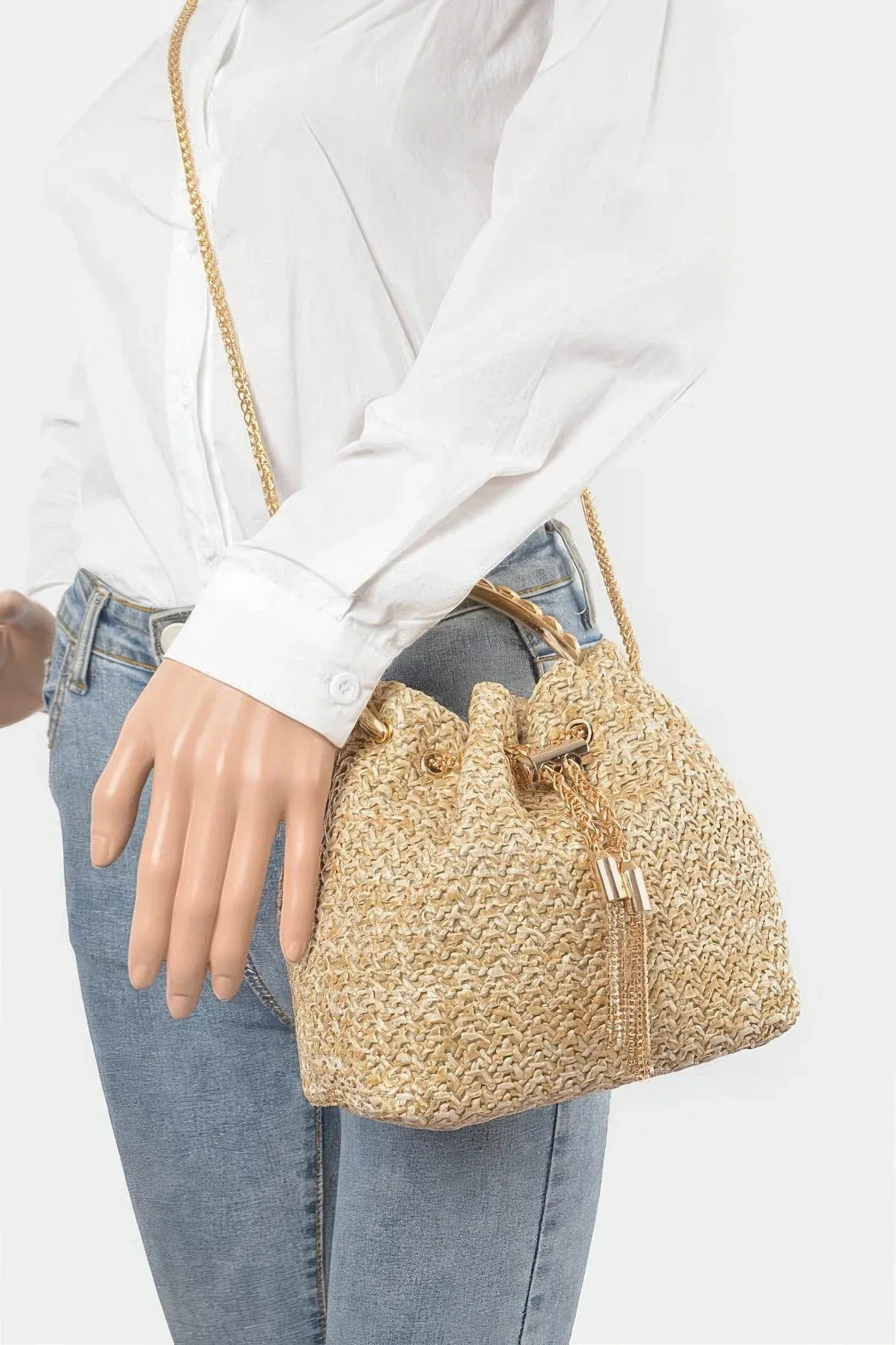 Faux Straw Bucket Bag W/stone Handle Secondary image