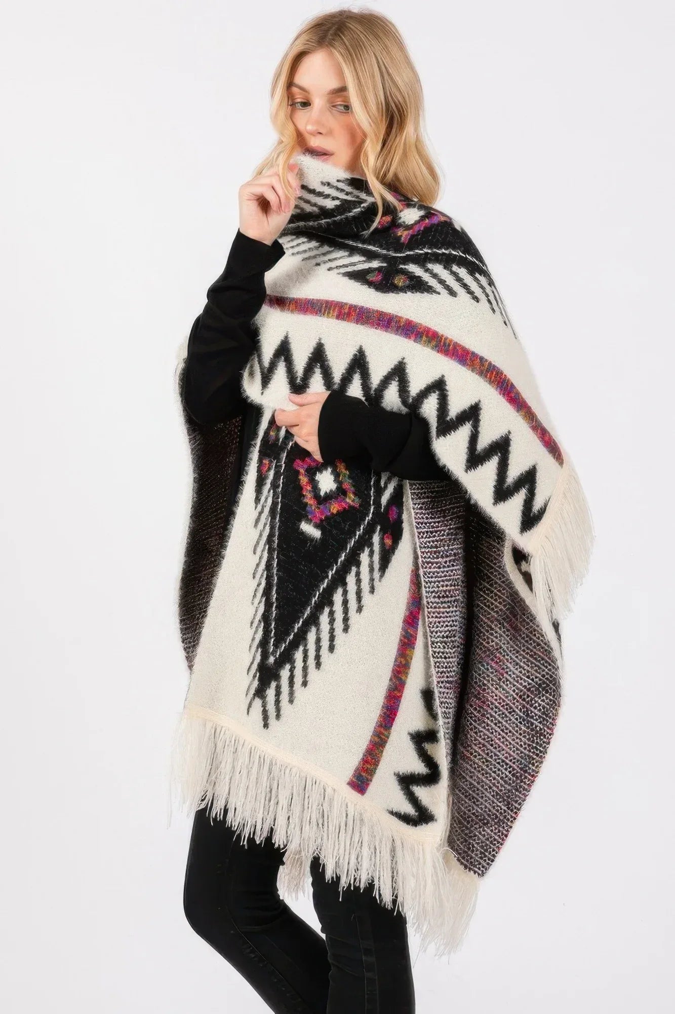 Fuzzy Aztec Pattern Tassel Knit Ruana | Mixtshop LLC