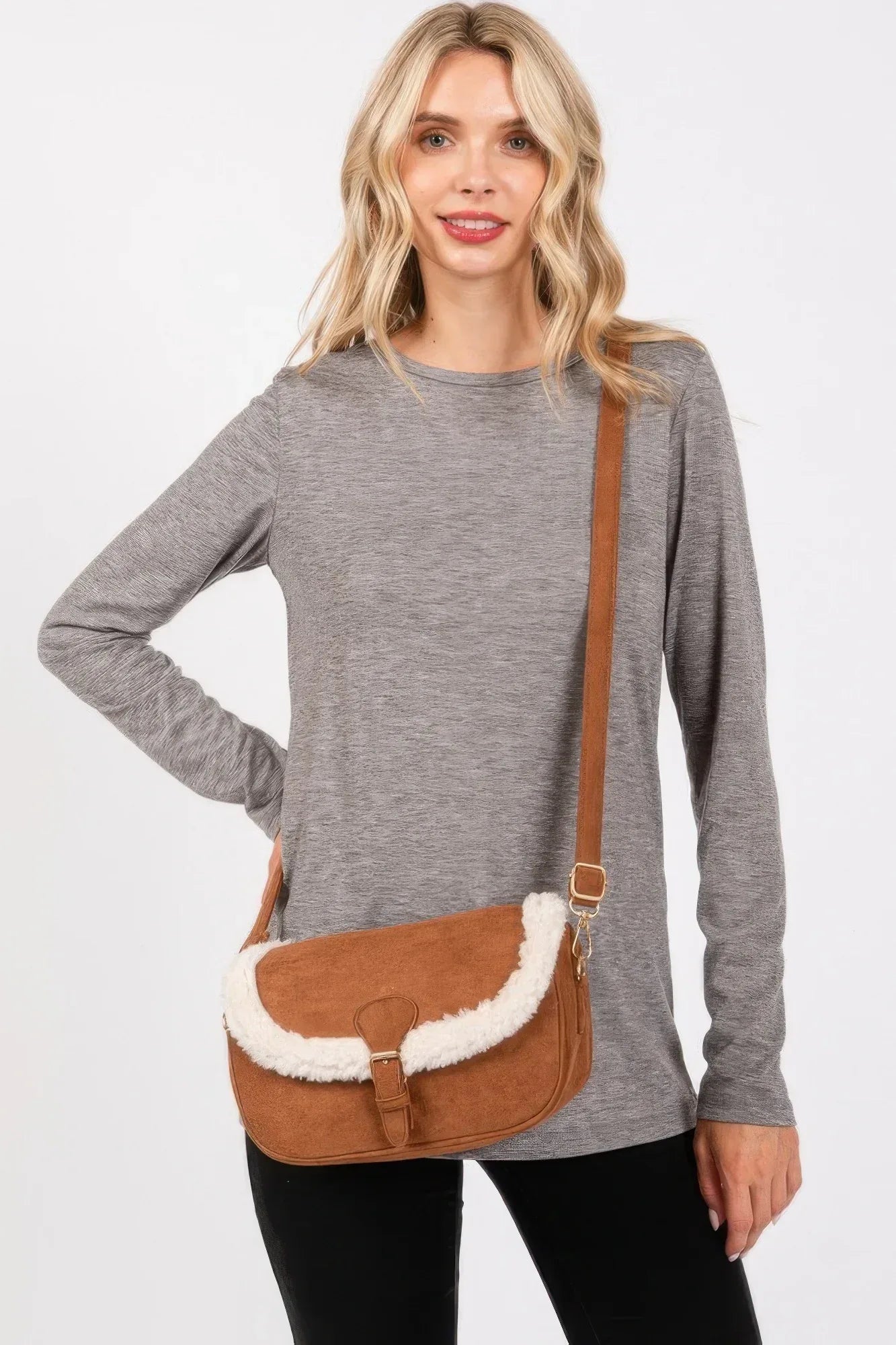 Fleece Trimmed Solid Crossbodybag Adjustable Strap | Mixtshop LLC