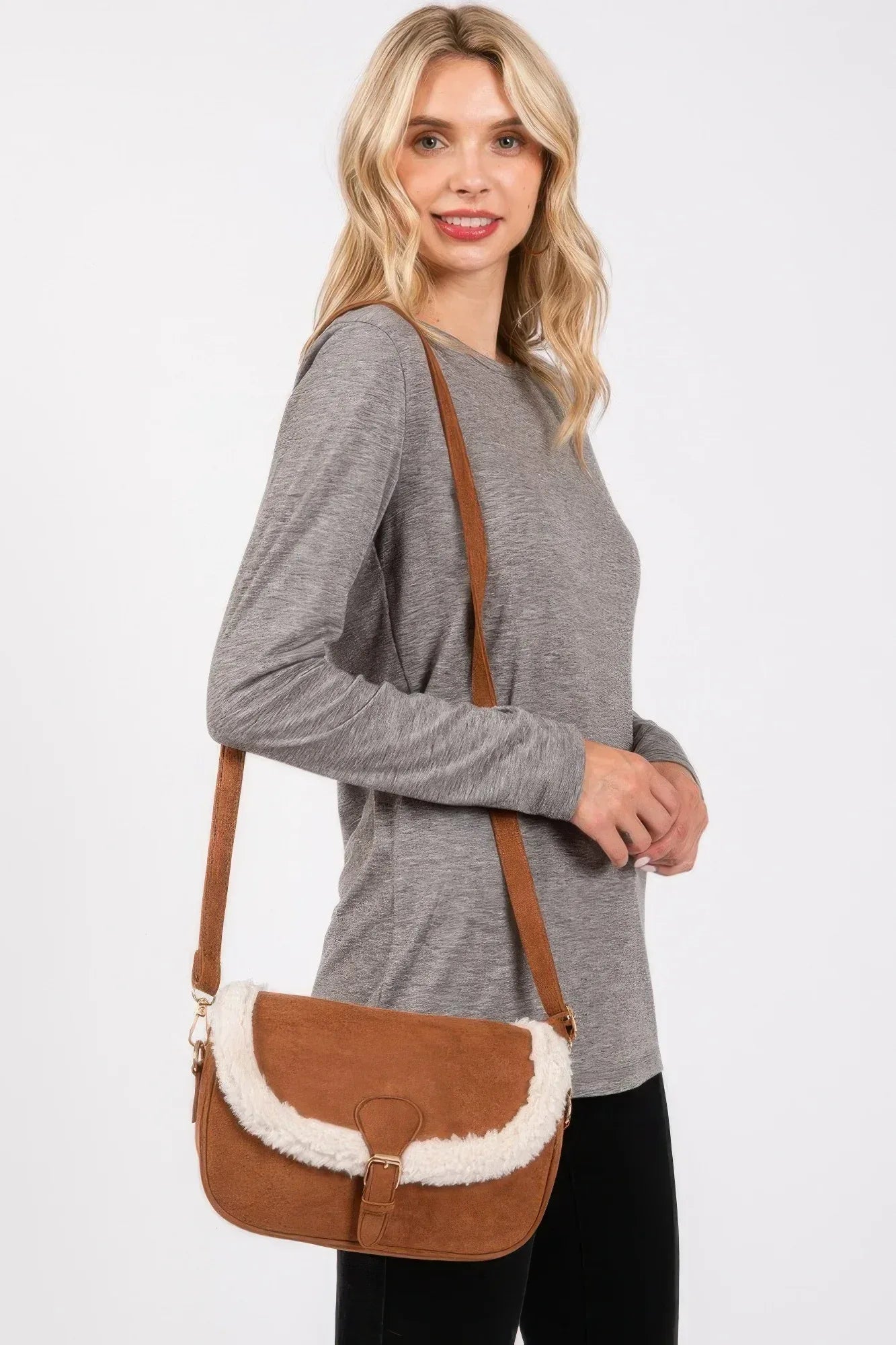 Fleece Trimmed Solid Crossbodybag Adjustable Strap Secondary image