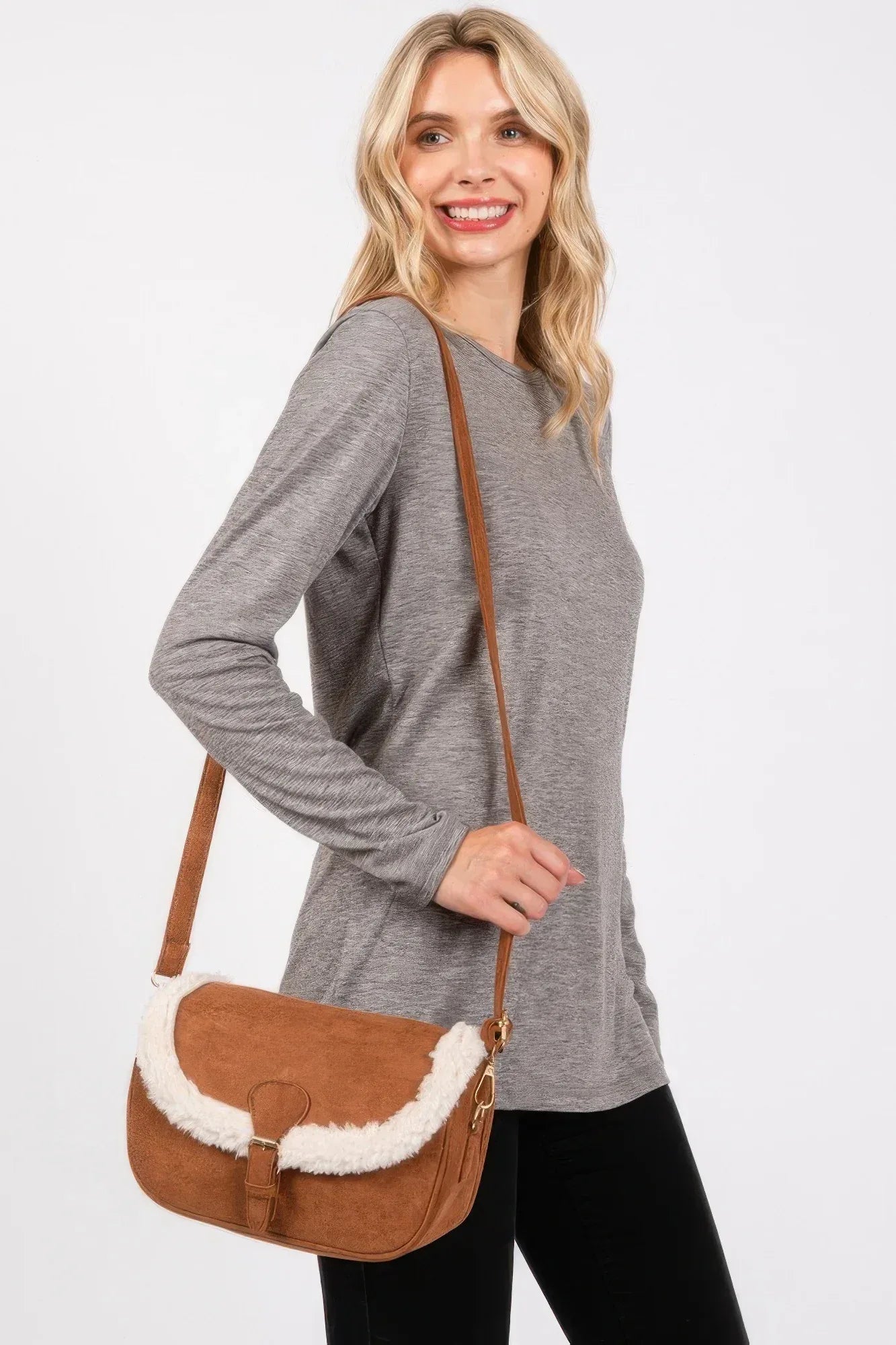 Fleece Trimmed Solid Crossbodybag Adjustable Strap | Mixtshop LLC