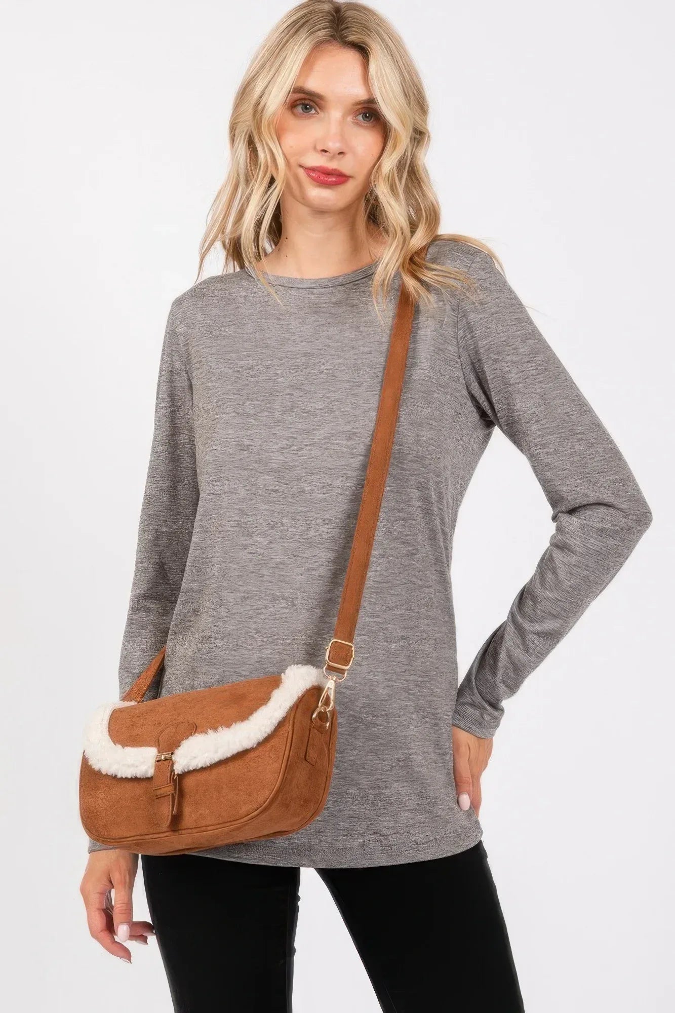 Fleece Trimmed Solid Crossbodybag Adjustable Strap | Mixtshop LLC