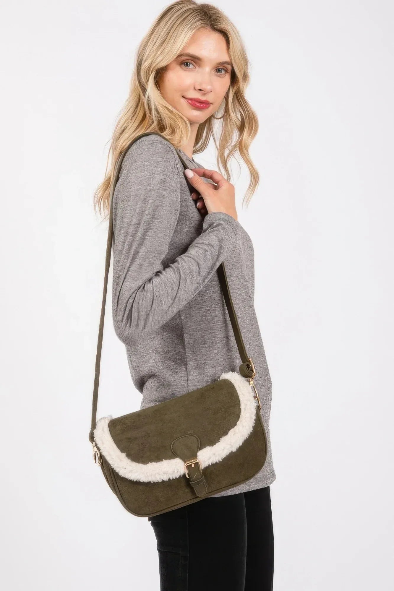 Fleece Trimmed Solid Crossbodybag Adjustable Strap | Mixtshop LLC