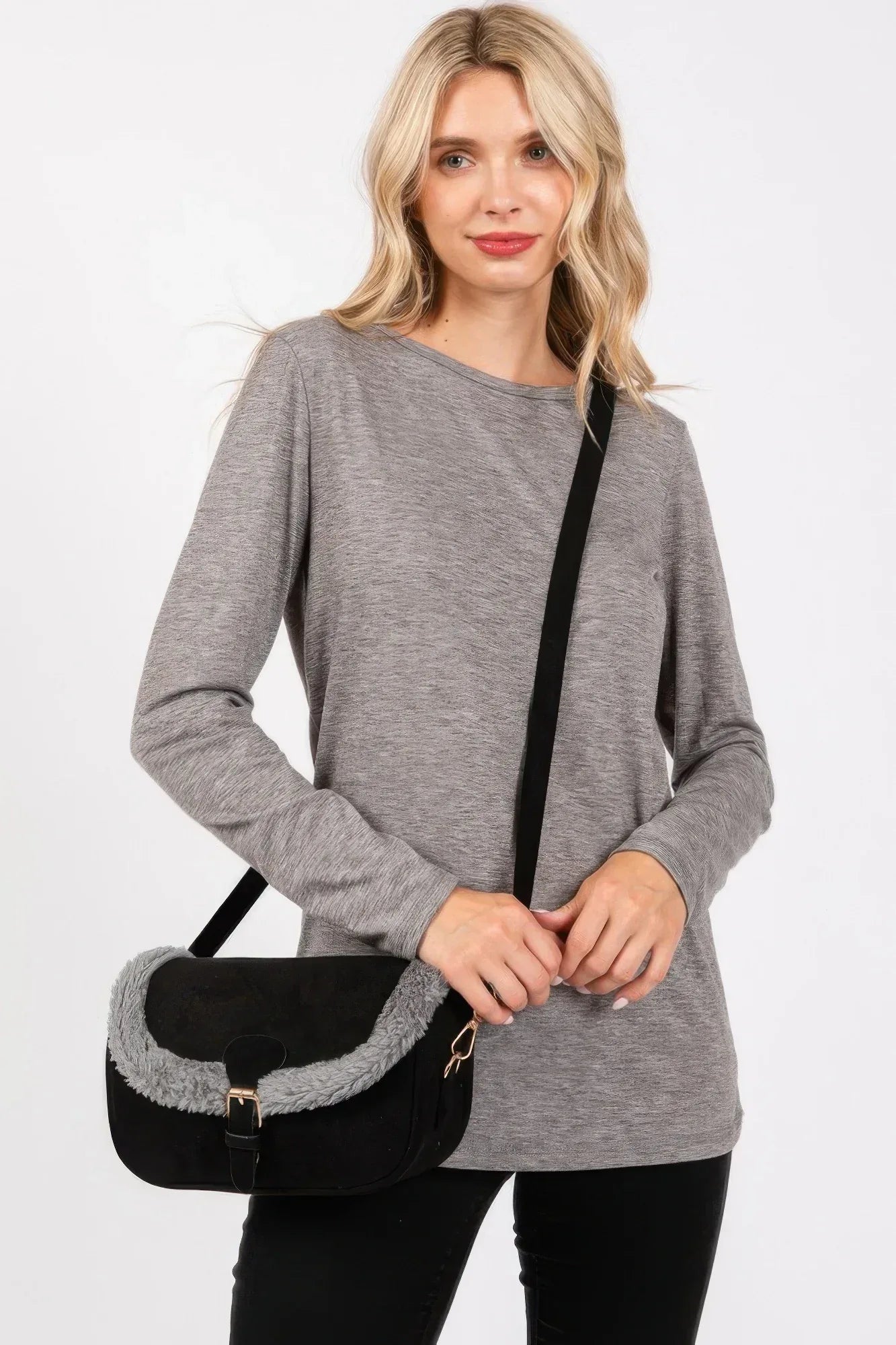Fleece Trimmed Solid Crossbodybag Adjustable Strap | Mixtshop LLC