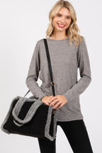 Fleece Trimmed Solid Tote And Crossbody Bag | Mixtshop LLC