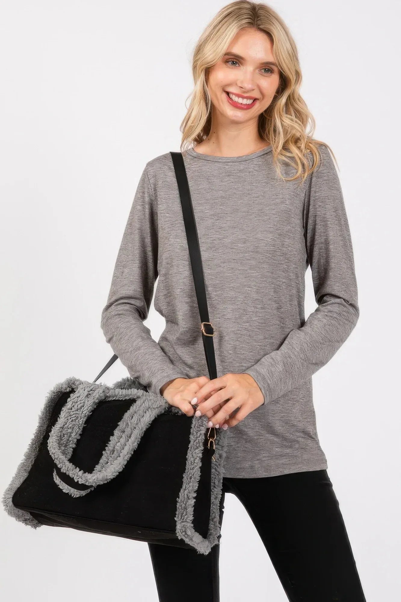 Fleece Trimmed Solid Tote And Crossbody Bag | Mixtshop LLC
