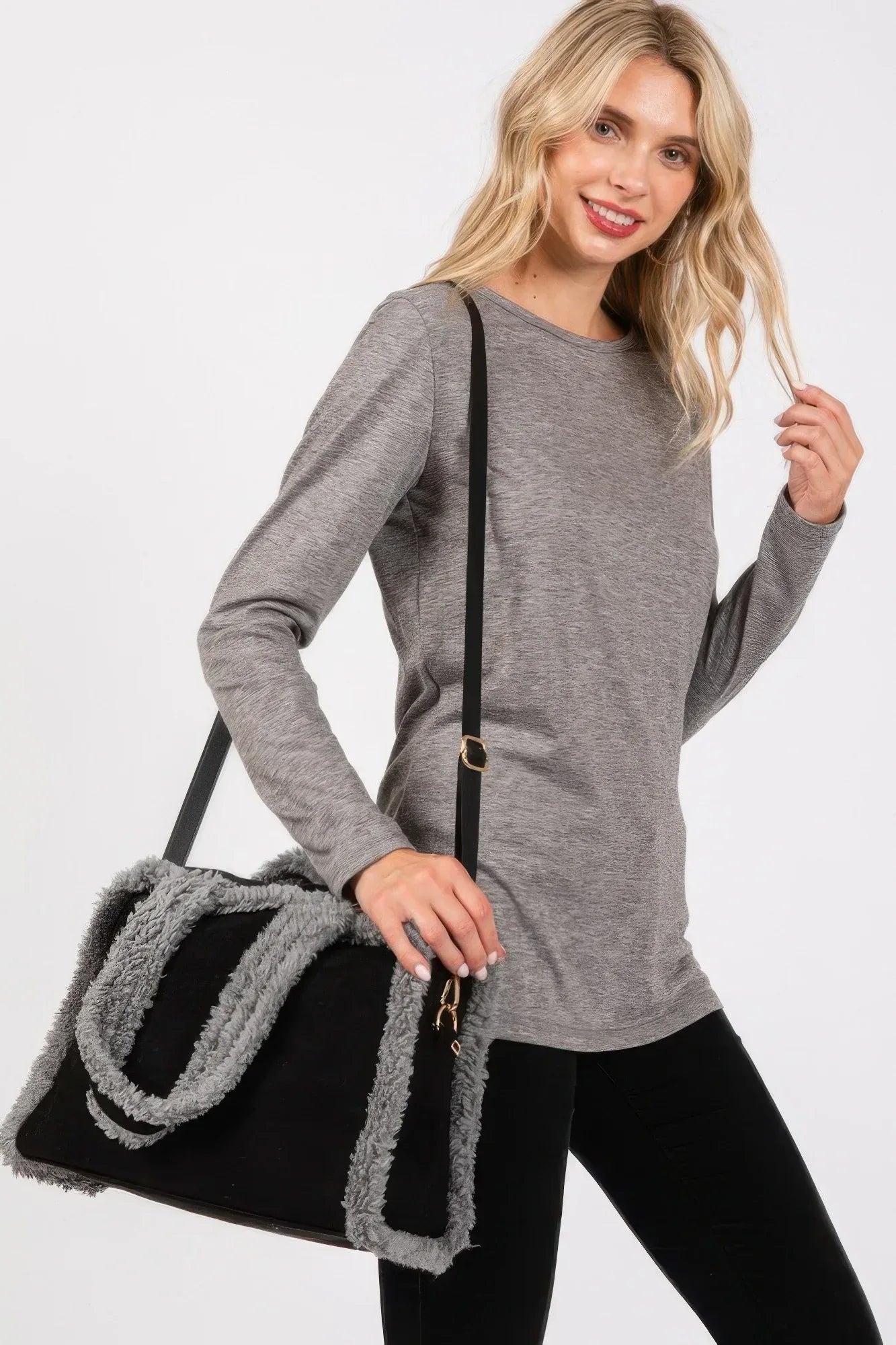 Fleece Trimmed Solid Tote And Crossbody Bag Secondary image