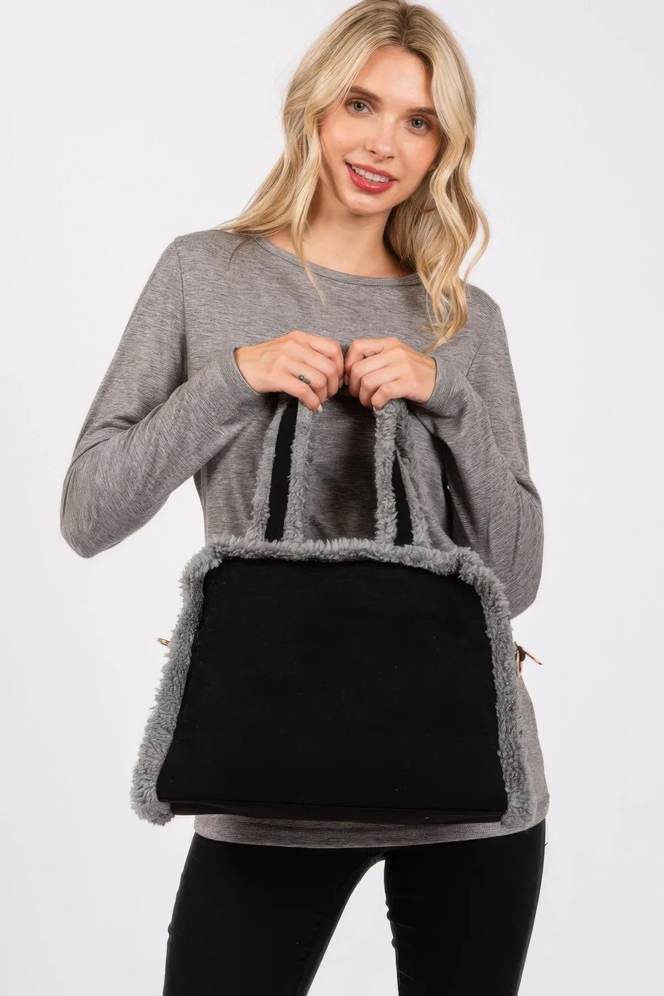 Fleece Trimmed Solid Tote And Crossbody Bag | Mixtshop LLC