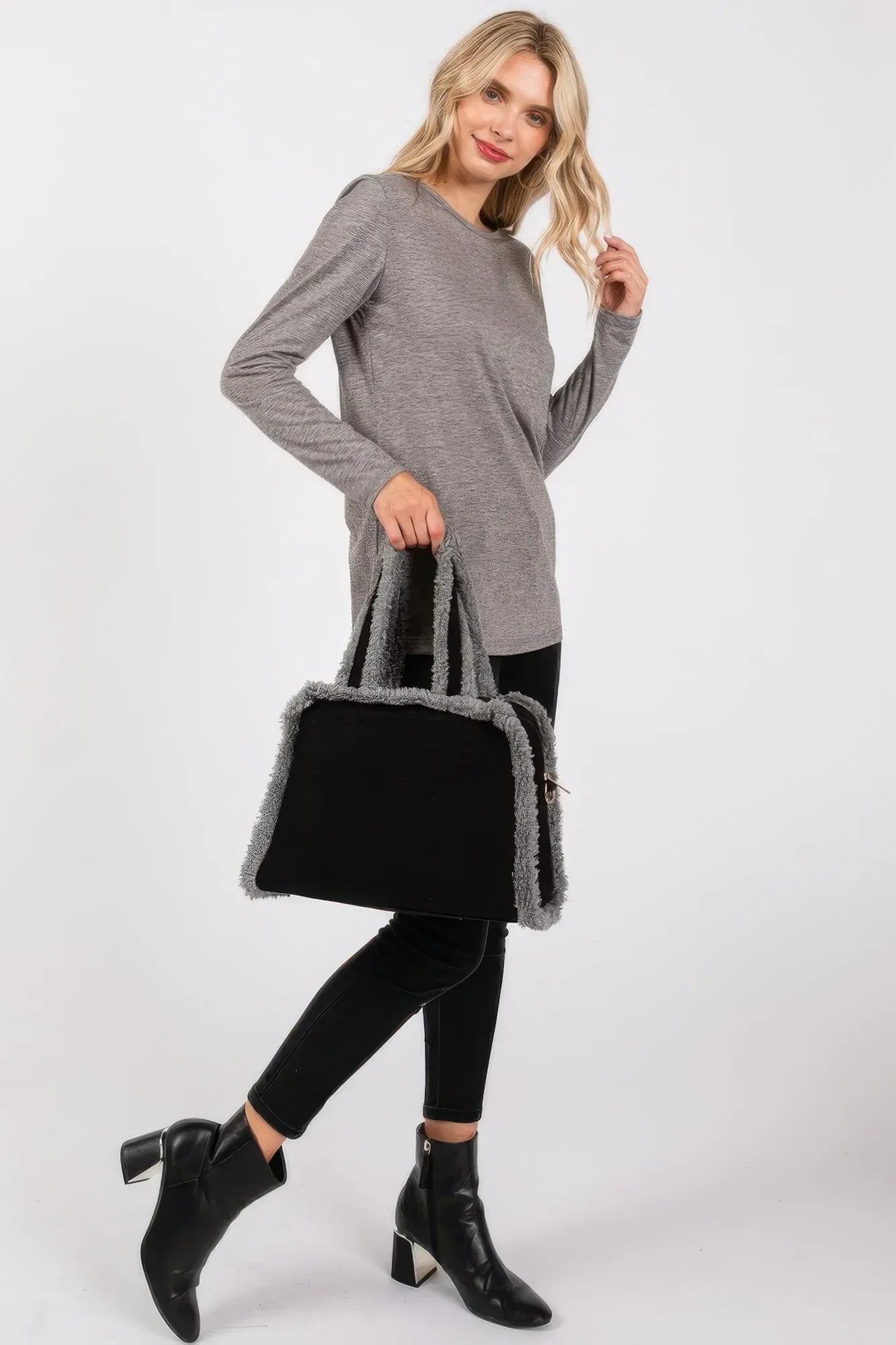 Fleece Trimmed Solid Tote And Crossbody Bag | Mixtshop LLC