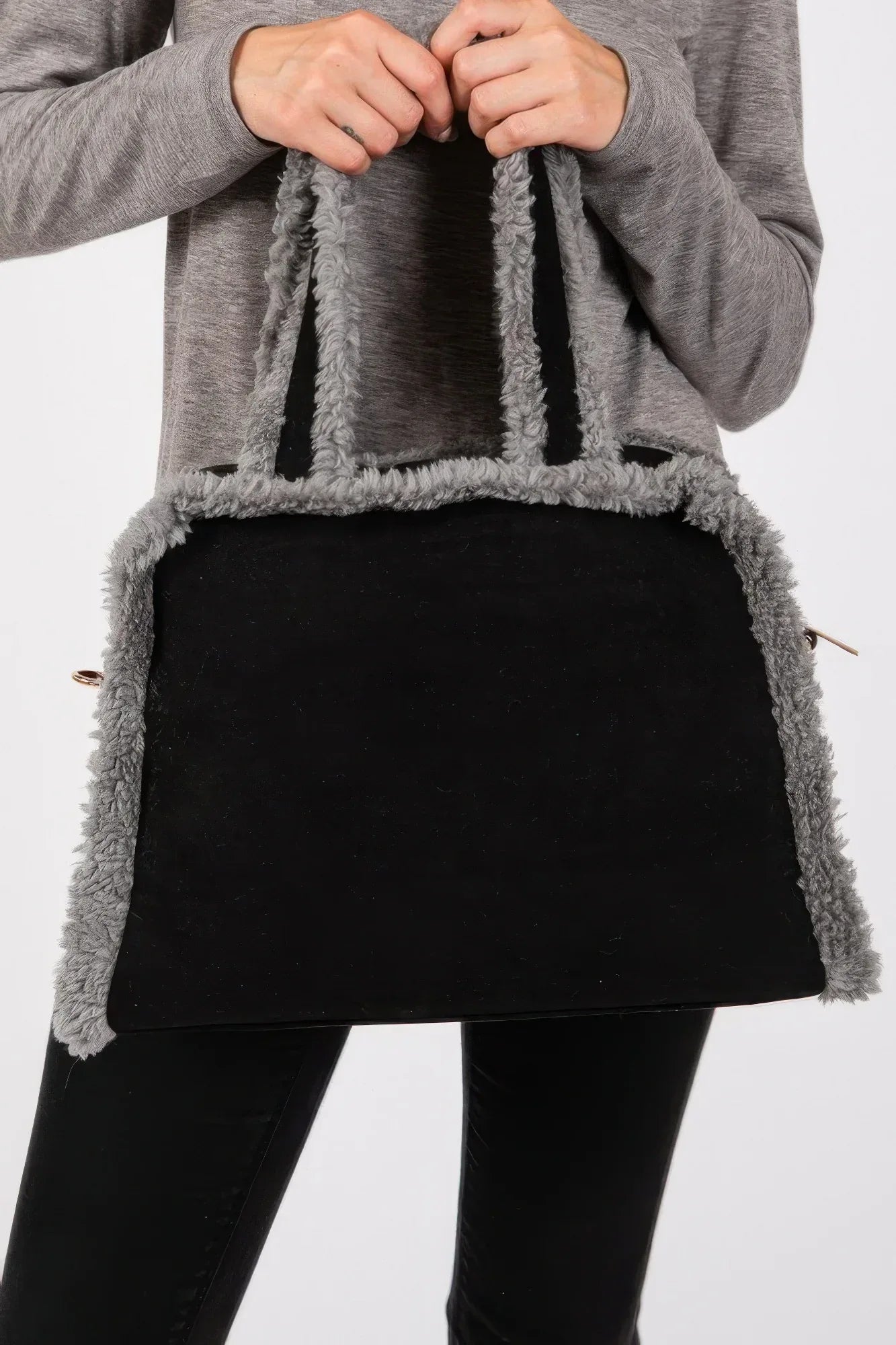 Fleece Trimmed Solid Tote And Crossbody Bag | Mixtshop LLC