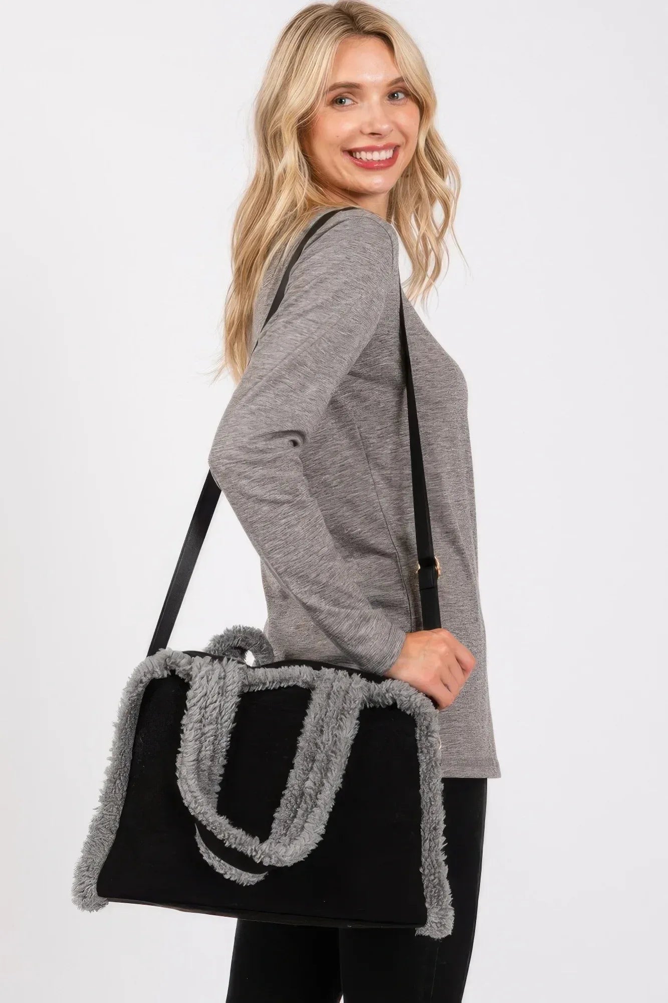 Fleece Trimmed Solid Tote And Crossbody Bag | Mixtshop LLC