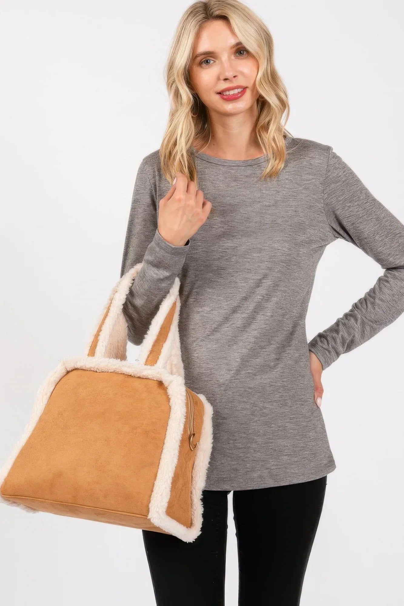 Fleece Trimmed Solid Tote And Crossbody Bag | Mixtshop LLC