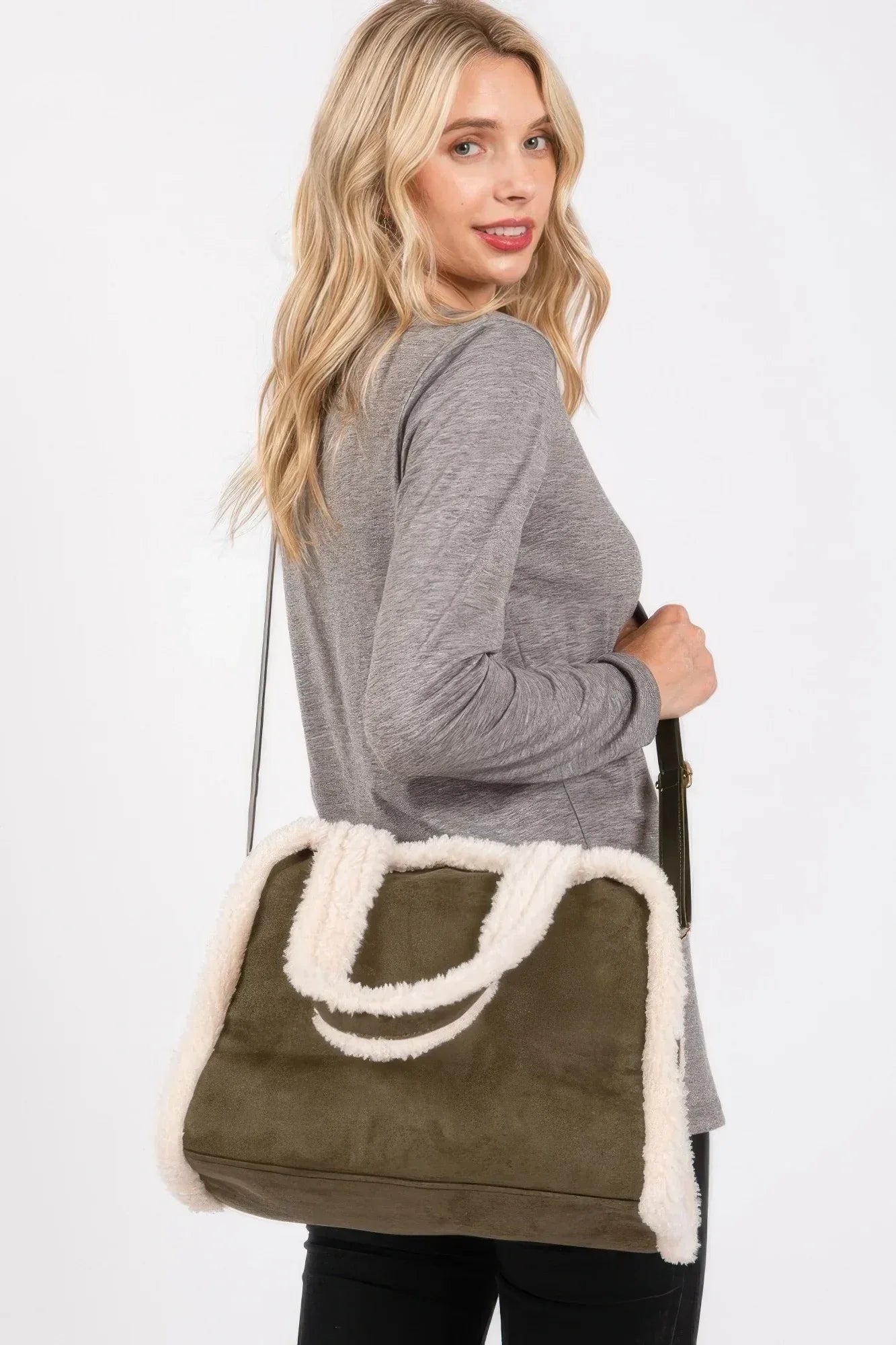 Fleece Trimmed Solid Tote And Crossbody Bag | Mixtshop LLC