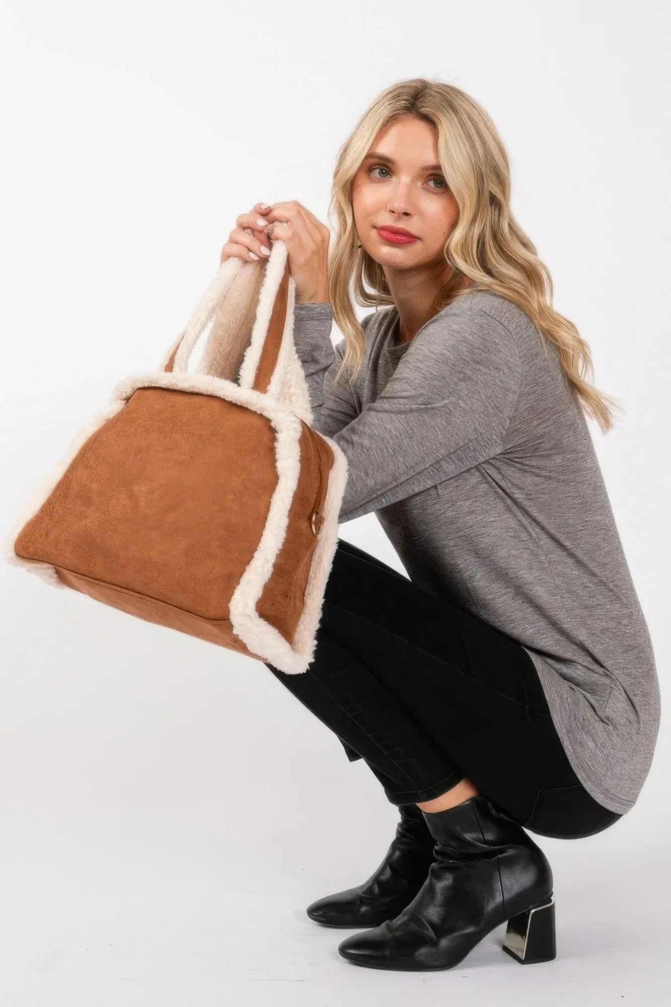 Fleece Trimmed Solid Tote And Crossbody Bag | Mixtshop LLC