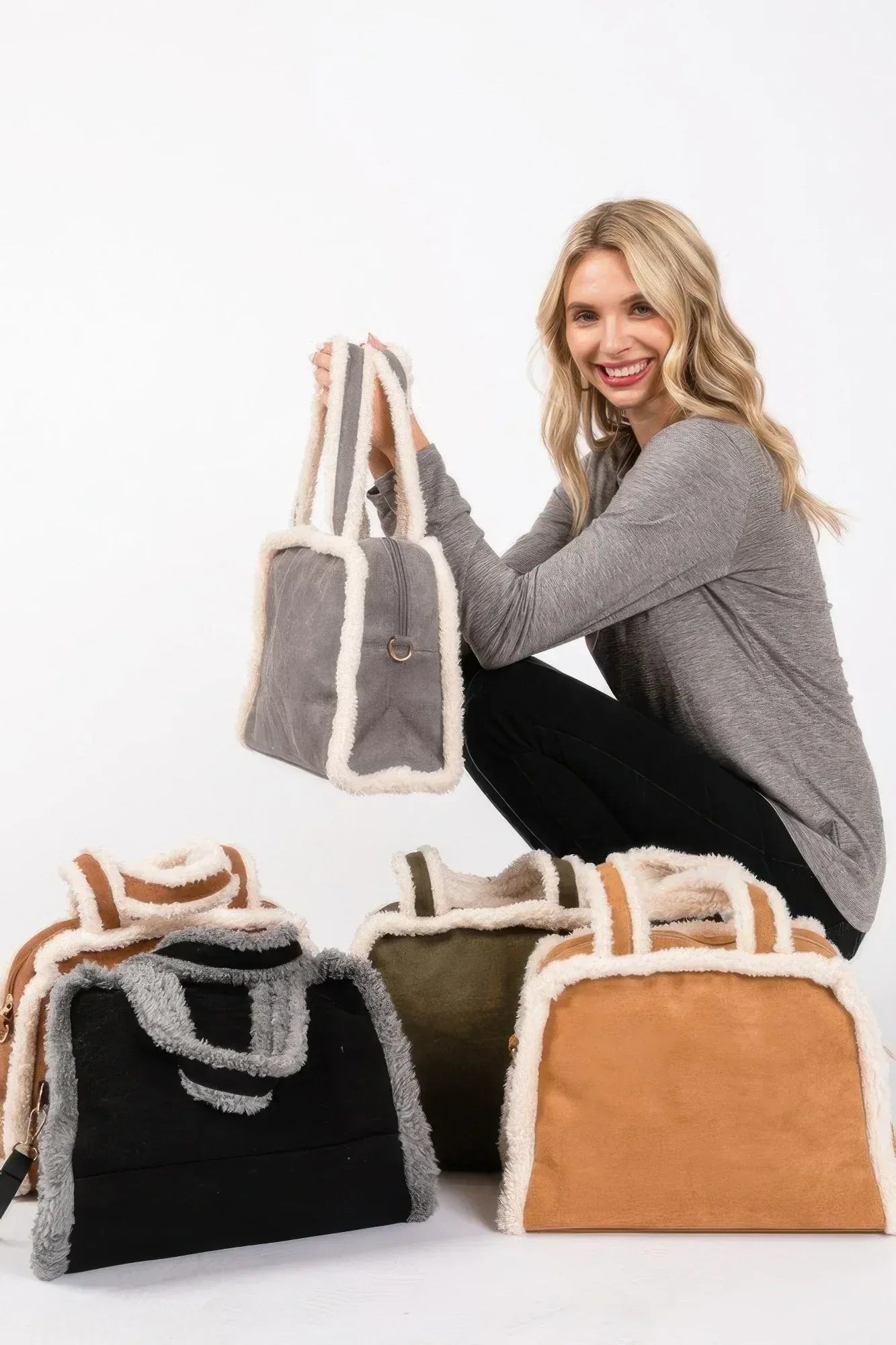 Fleece Trimmed Solid Tote And Crossbody Bag | Mixtshop LLC
